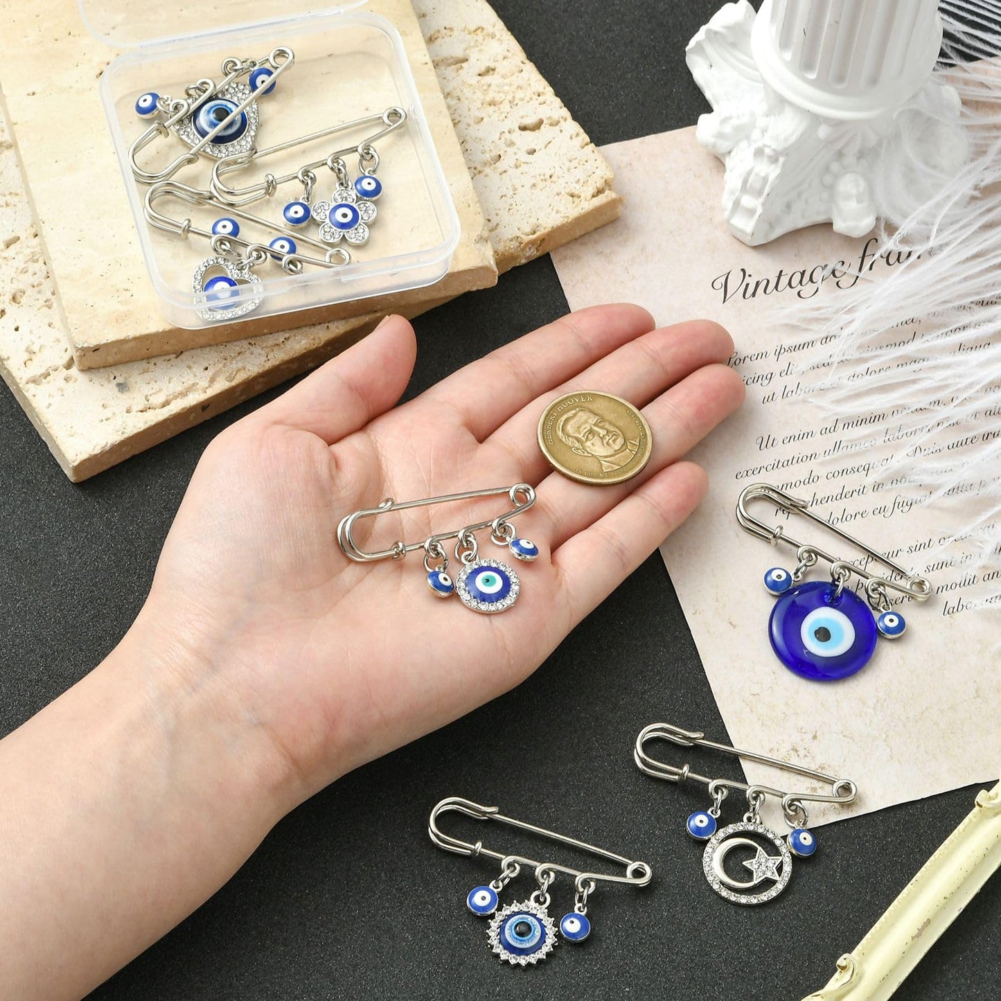 Gythara 7 pcs 7 Styles Blue Evil Eye Theme Alloy Resin Kilt Safety Pins Brooch Turkish Heart Lucky Eye Ball Pins for DIY Jewelry Clothes Scarf Backpack Hat Jackets Craft