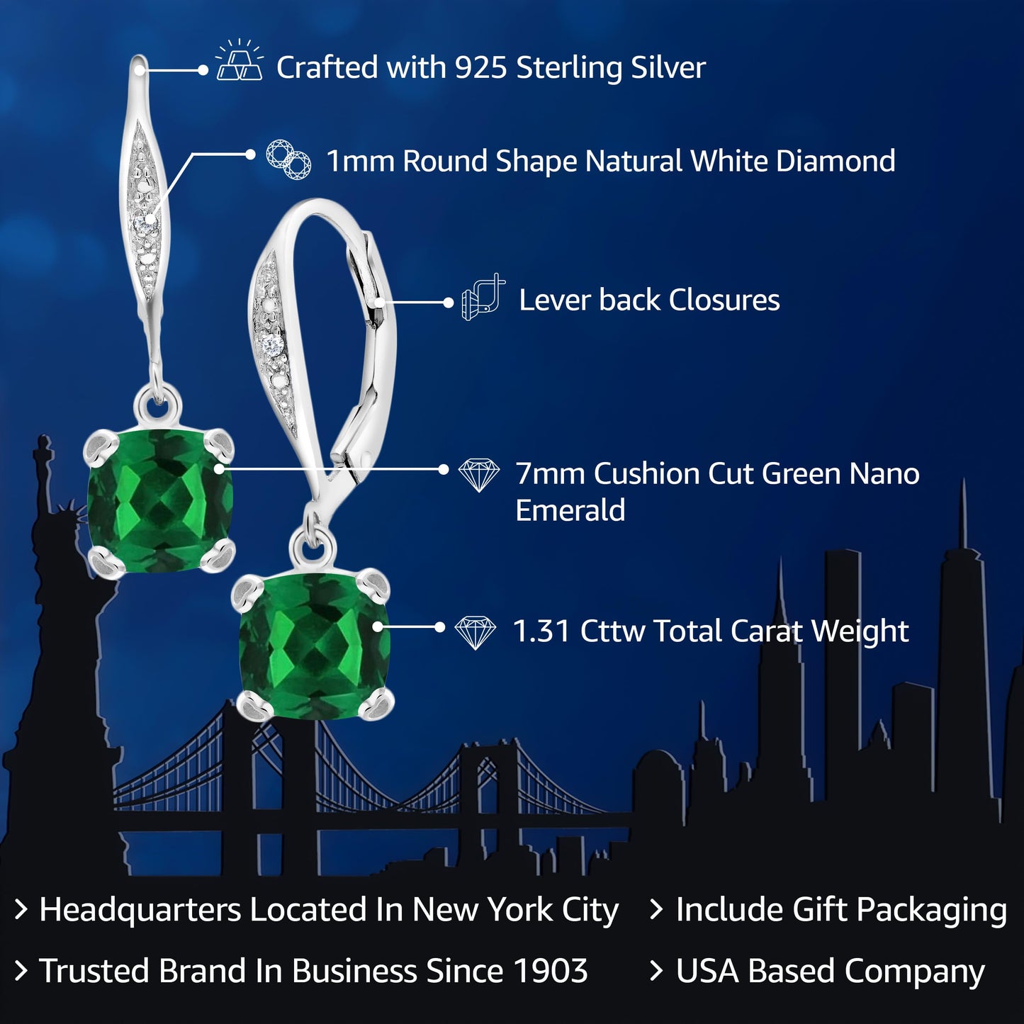 Gem Stone King Drop Dangle Earrings For Women | 7MM Cushion Cut Gemstone Birthstone and Diamond | 925 Sterling Silver | Jewelry Gift for Mom Wife Her | Nano Emerald-May | 925 Sterling Silver