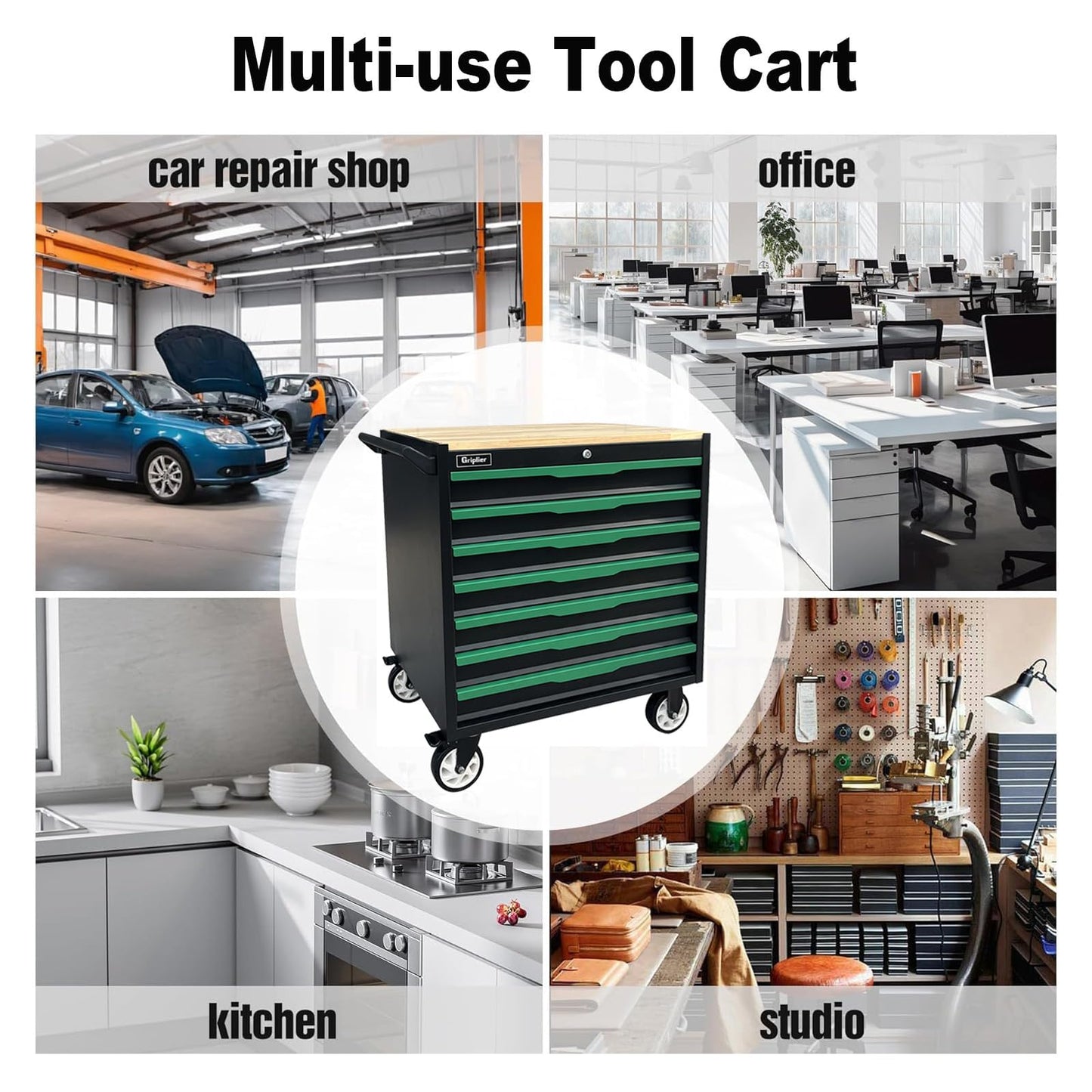 Griplier 7-Drawer Tool Chest with Wood Top, 31.3W x 18.9D x 32.3H inches, Black and Green，Locking Rolling Tool Box with Wheels,Mechanic Tool Cabinets for Garage, Warehouse,Repair Shop,Workshop