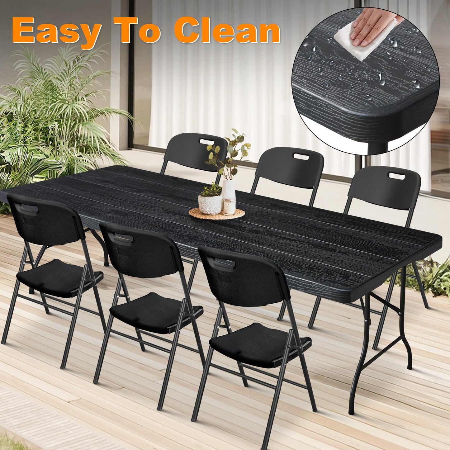 FROASISPRO 6ft Folding Table, Portable Heavy Duty Plastic Fold-in-Half Utility Table for Indoor/Outdoor Use, Dining, Camping, Picnic, Party, Black Woodgrain