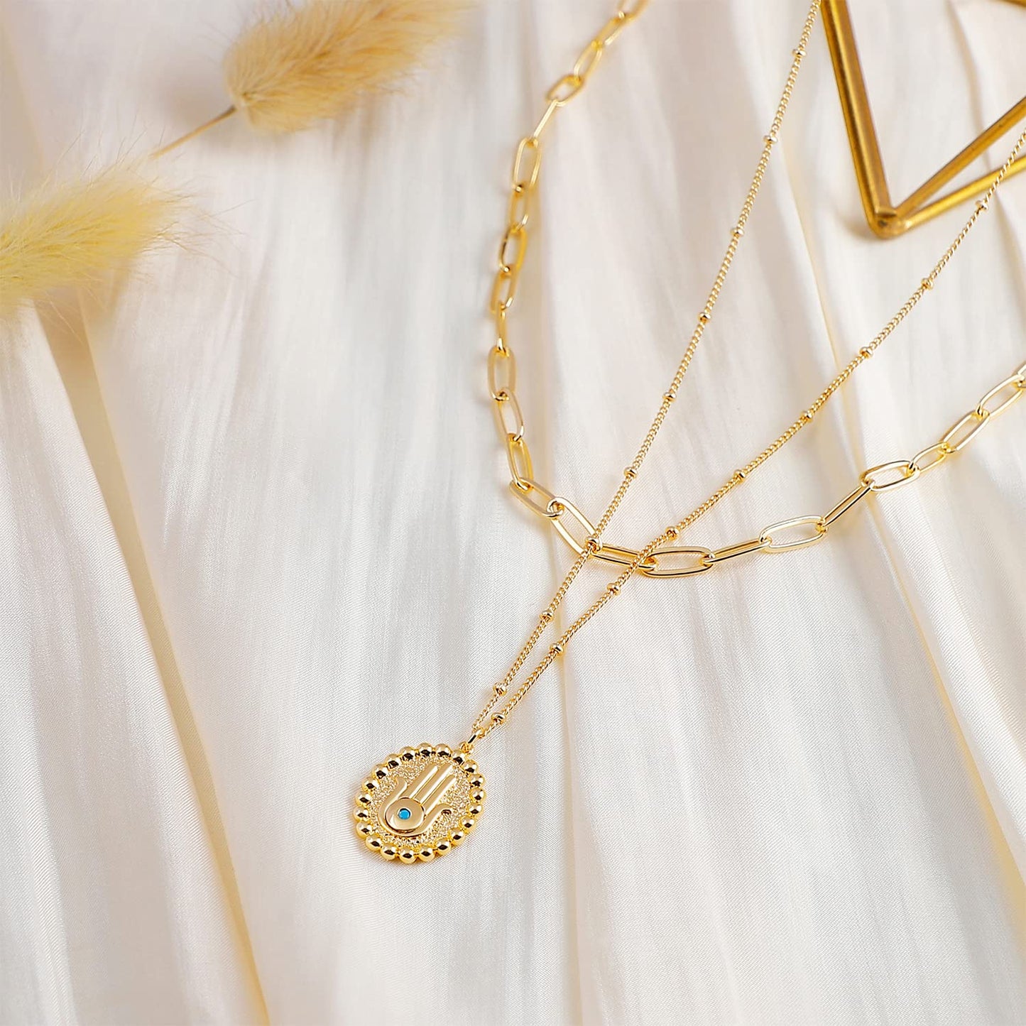 MEVECCO Gold Layered Choker Necklace for Women, 18K Gold Plated Dainty Oval Hamsa Pendant Minimalist Paperclip Double Layer Necklace for Jewelry