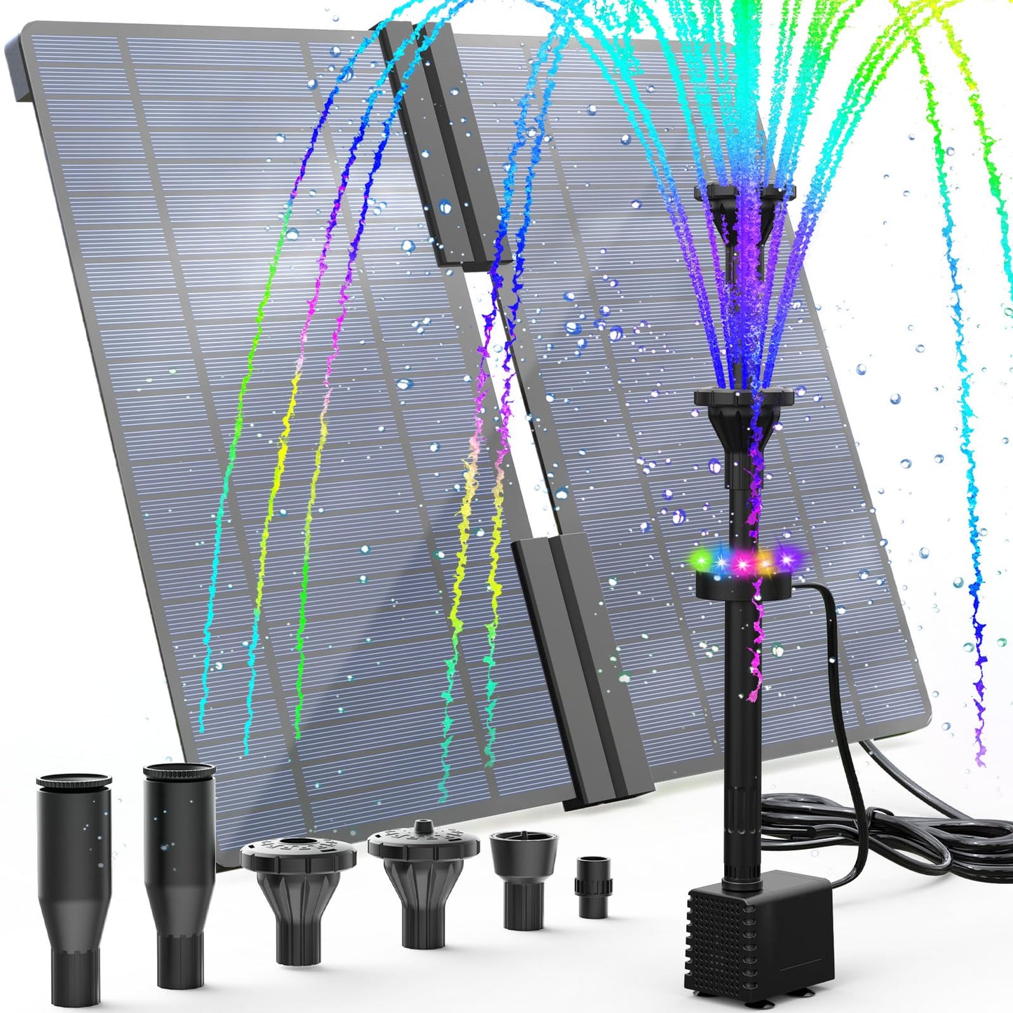 AMZtime 20W Solar Fountain Pump with 2500mAh Battery and 12 LED Lights, Solar Powered Water Pump for Bird Bath, Pond, Garden, Fish Tank, and Waterfall, Long Cord, Easy DIY Setup, 2026 Upgraded Version