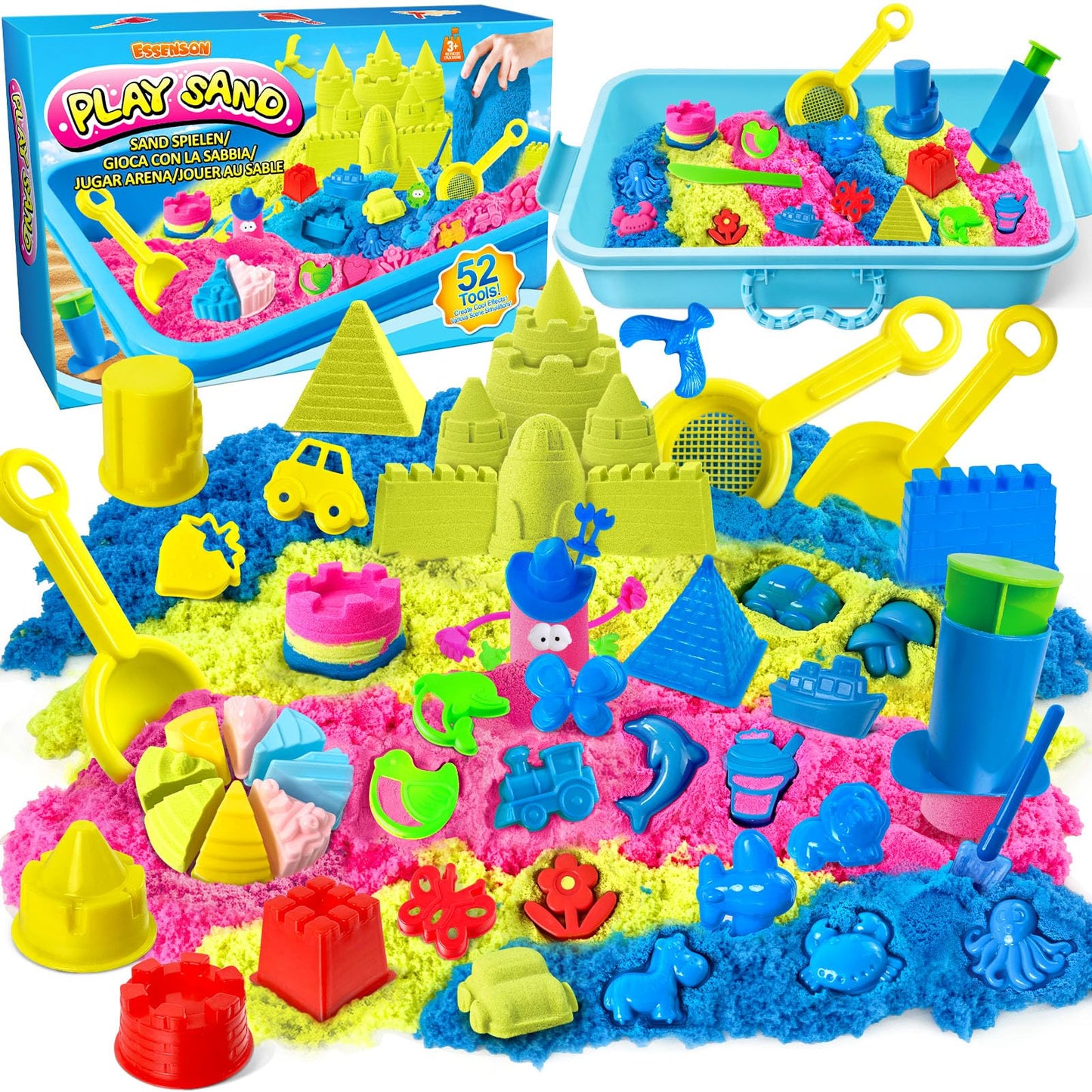 ESSENSON Sensory Bin - 52 PCS Play Sand Kit with 3lbs Magical Sand, Beach Toys Castle Molds Sand Molds, Sensory Toy Sandbox, Kids Gifts for Girls and Boys