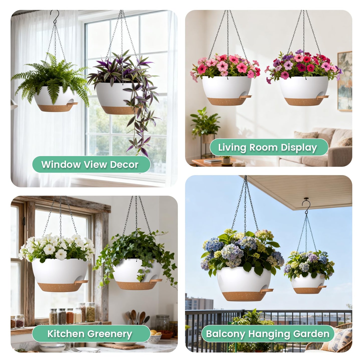UOUZ 13 Inch 2 Pack Large Self Watering Hanging Planters for Indoor Outdoor Plants, Hanging Plant Pots with Removable 50 Oz Reservoir, Plastic Hanging Basket for Window Porch Garden, White with Brown