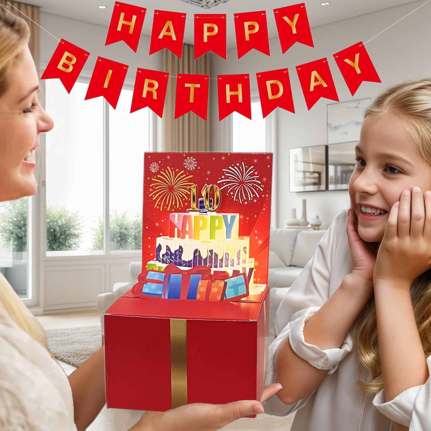 JINSTABAG Birthday Money Box for Cash Gift, Money Pull Box with Music Light 3D Cake and DIY Number Placard for Any Age, Birthday Decorations for Boys Girls Kids Adult (Red)