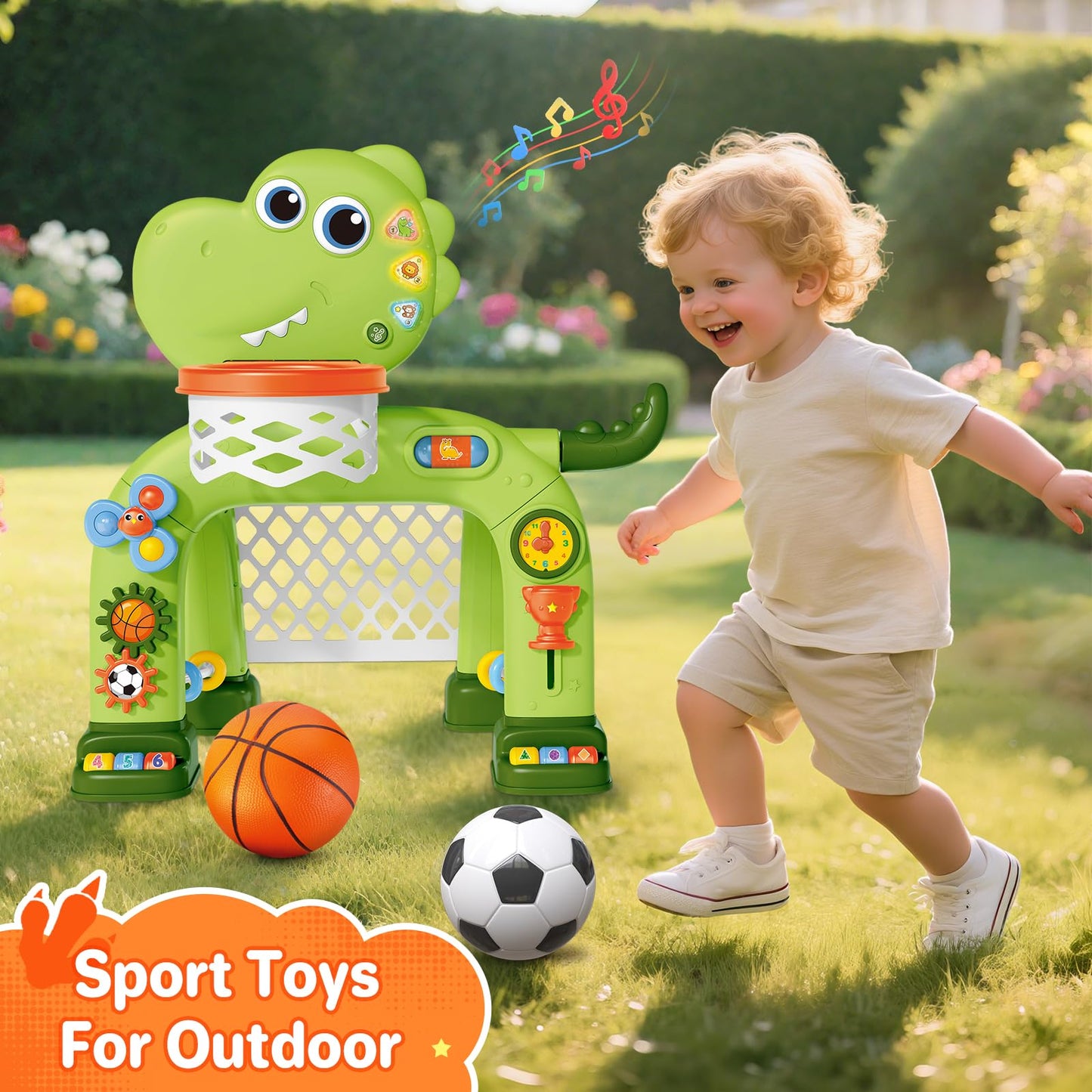AuroTops Toddler Basketball Hoop & Soccer Goal Toy,Dinosaur Toys with Light & Music,Musical Toys for 1 Year Old Boy Girl Learning Toy for Toddlers 1-3 Birthday Gifts for 1 Year Old Boys