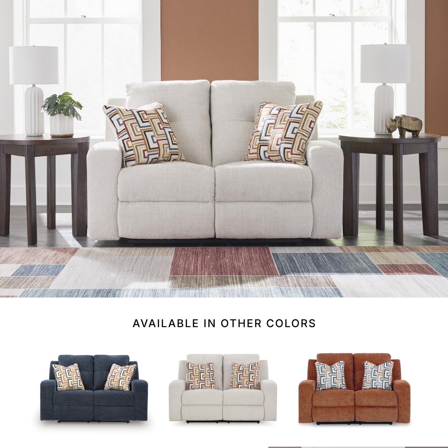 Signature Design by Ashley Danum Modern Tufted Manual Reclining Loveseat with 2 Accent Pillows, Beige