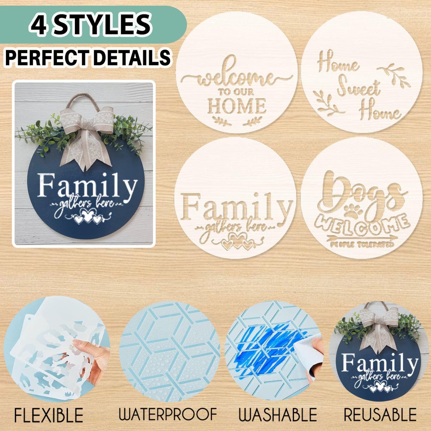 12 Inch Wood Circles for Crafts, 10Pcs Unfinished Wood Rounds with 4 Stencils & Painting, DIY Wooden Crafts for Door Hanger, Sign, Wood Burning, Painting, Gifts for Father's Day Home Decor