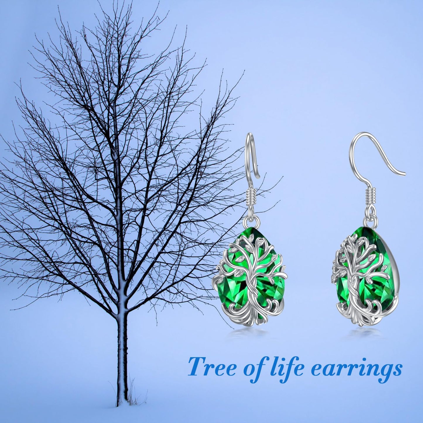 TOUPOP Emerald Tree of Life Earrings Sterling Silver Teardrop May Birthstone Earrings Family Tree Emerald Jewelry Birthday Mothers Day Gifts for Women Mom Her