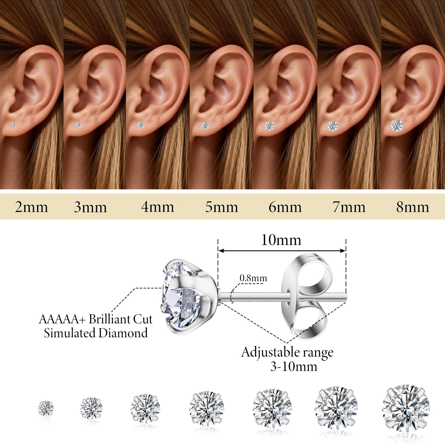 Arminor 7 Pairs 20G Stud Earrings for Women Men Hypoallergenic 316L Surgical Stainless Steel Earrings for Multiple Piercing | AAAAA+ Cubic Zirconia Earring Stacks with Butterfly & Silicone Backs