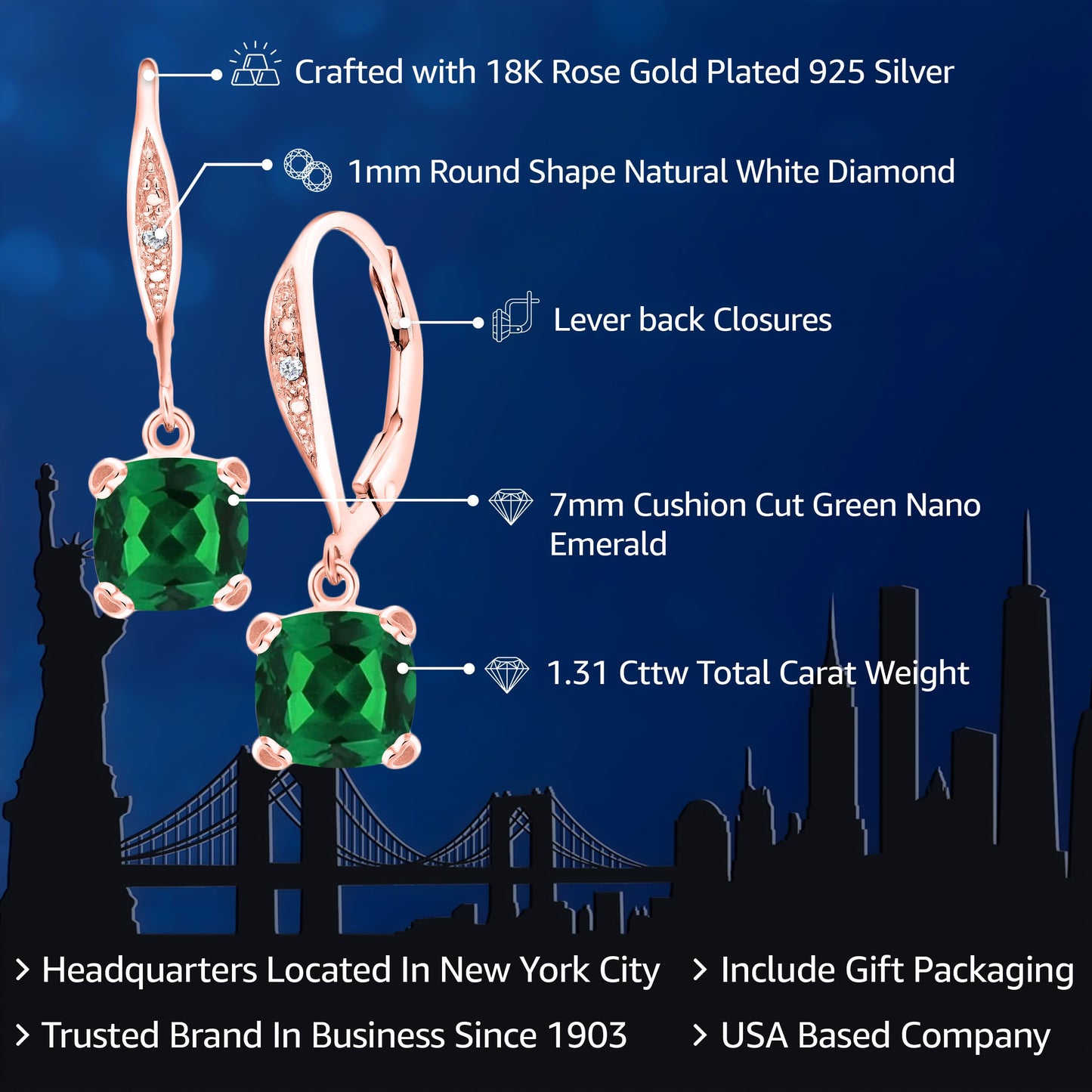 Gem Stone King Drop Dangle Earrings For Women | 7MM Cushion Cut Gemstone Birthstone and Diamond | 925 Sterling Silver | Jewelry Gift for Mom Wife Her | Nano Emerald-May | Rose Gold
