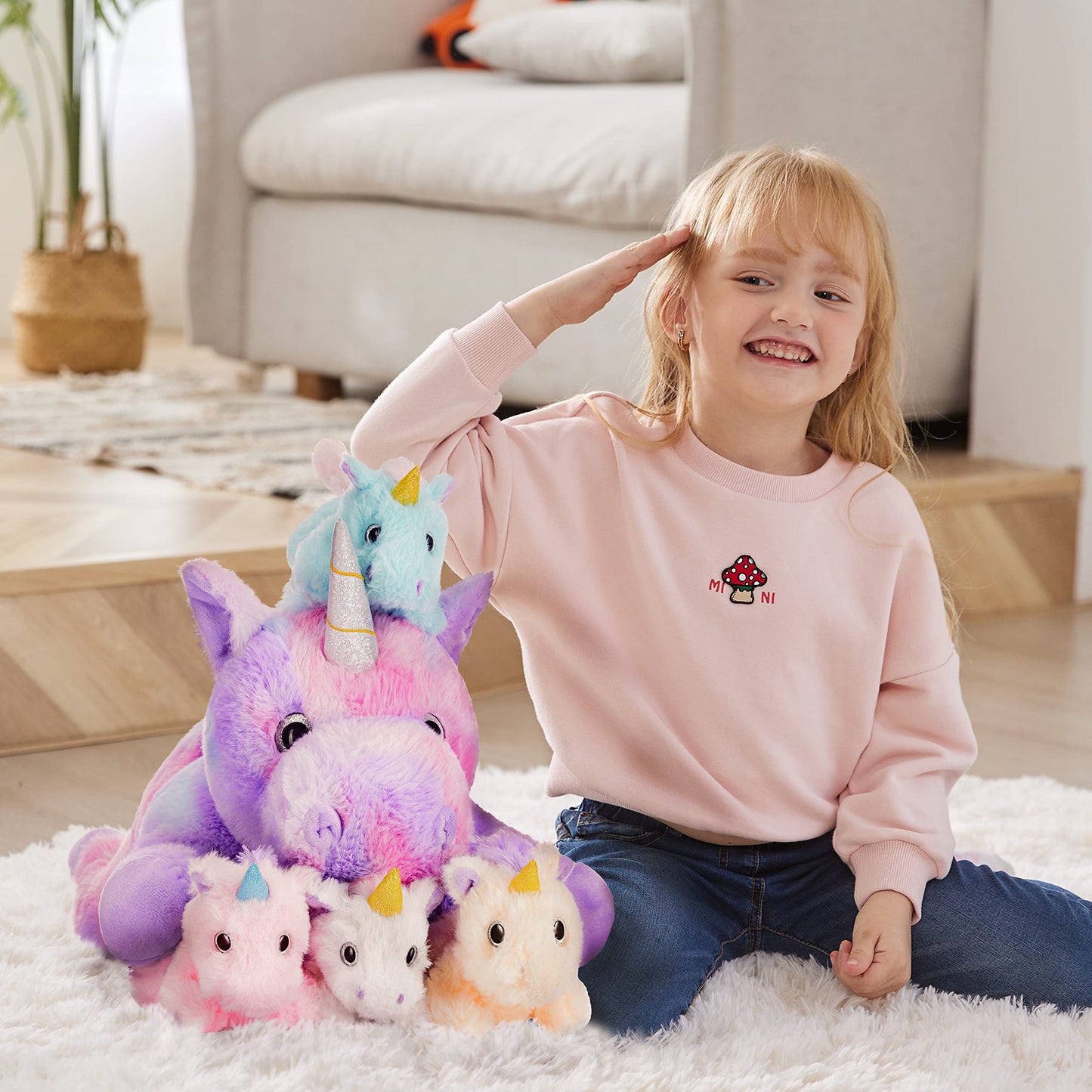 IKASA Mommy Unicorn Toys for Girls Age 4-6,Mom and Baby Stuffed Animal Plush Toy,Small Family Set Toy with Little Babies,Gifts for Kid (Unicorn,18")