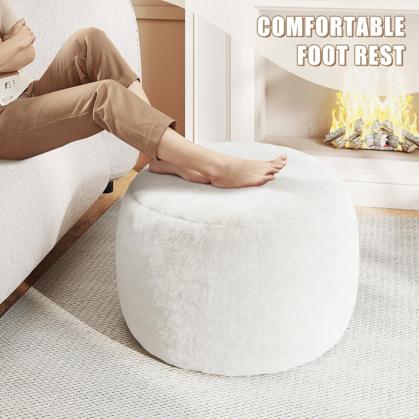Gericco Round Stuffed Pouf Ottoman for Foot Rest, A Round Modern Foam Filled Poufs, Floor Chair for Living Room, Nursery, Dorm, A Soft Modern Foot Stool Perfect to Rest Your Feet (White, 20Inch)