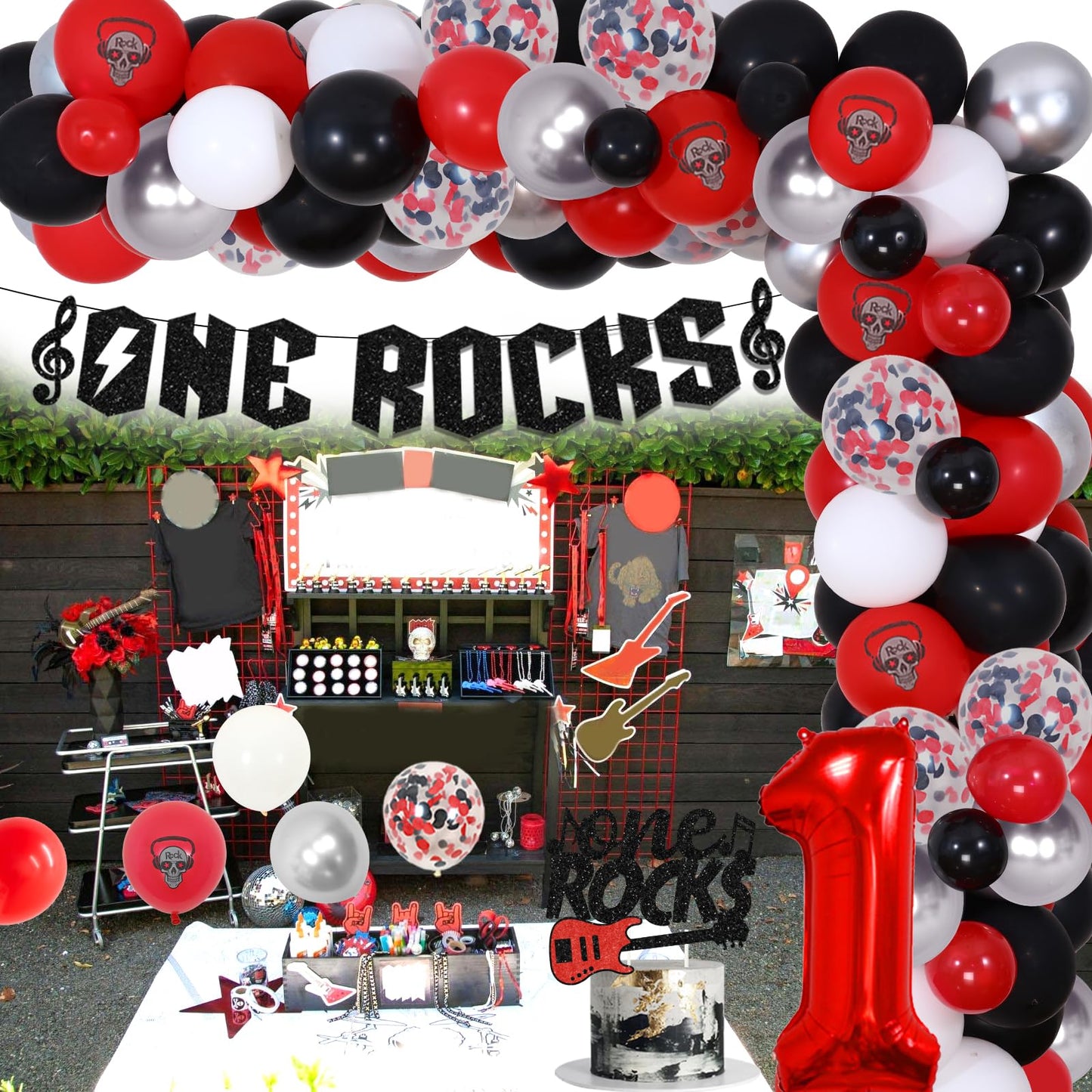 Fangleland Red Black One Rocks 1st Birthday Decorations, Rock and Roll First Bday Balloon Garland Arch Kit, Born to Rock Photo Highchair Banner, Music Themed Cake Topper Party Supplies