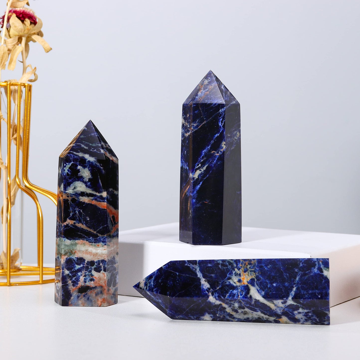 Runyangshi Large Sodalite Natural Healing Crystal Wand 4.72"-5" Blue-Veins Stone Quartz Tower 6 Faceted Single Point Crystals Prism Wand for Meditation Reiki Chakra Therapy Home Decor Gift