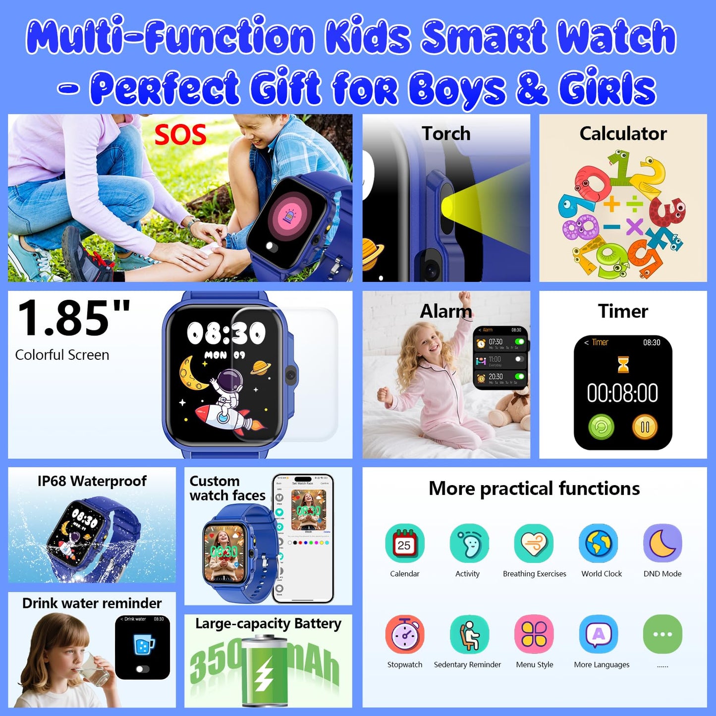 Kids Watch, 1.85" Fitness Tracker Pedometer, Heart Rate, Sleep Monitor, NO APP/Phone, Alarm Clock, Smartwatches with Video Music, IP68 Waterproof, Puzzle Games, Gift for Boy Girl, Smart Watch for Kid