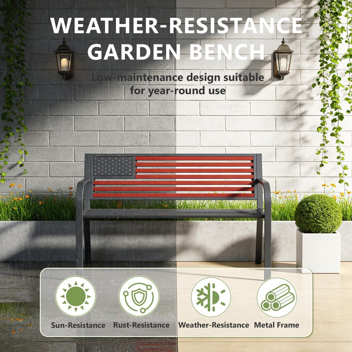 MAKE CHANGES Outdoor Bench, Sturdy Metal Garden Bench with Classic Stars and Stripes Design Metal Backrest, 2-Person Patio Bench for Outside Seating, Cast Iron Steel Porch Yard Lawn Furniture, Red
