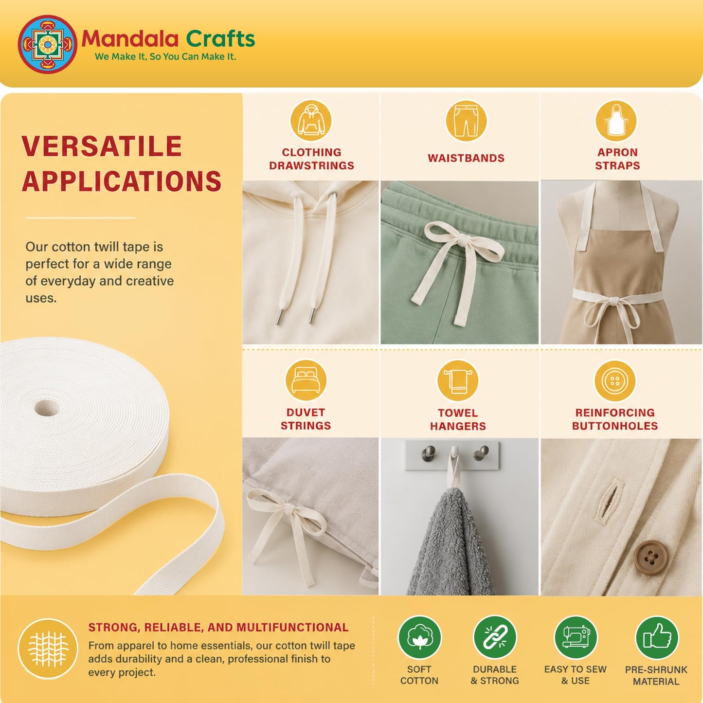 Mandala Crafts Off White Cotton Twill Tape Ribbon - 2 Inches Wide 50 Yards Herringbone Bias Tape for Sewing, Seam Binding, Ribbon Trim, and Natural Cotton Webbing