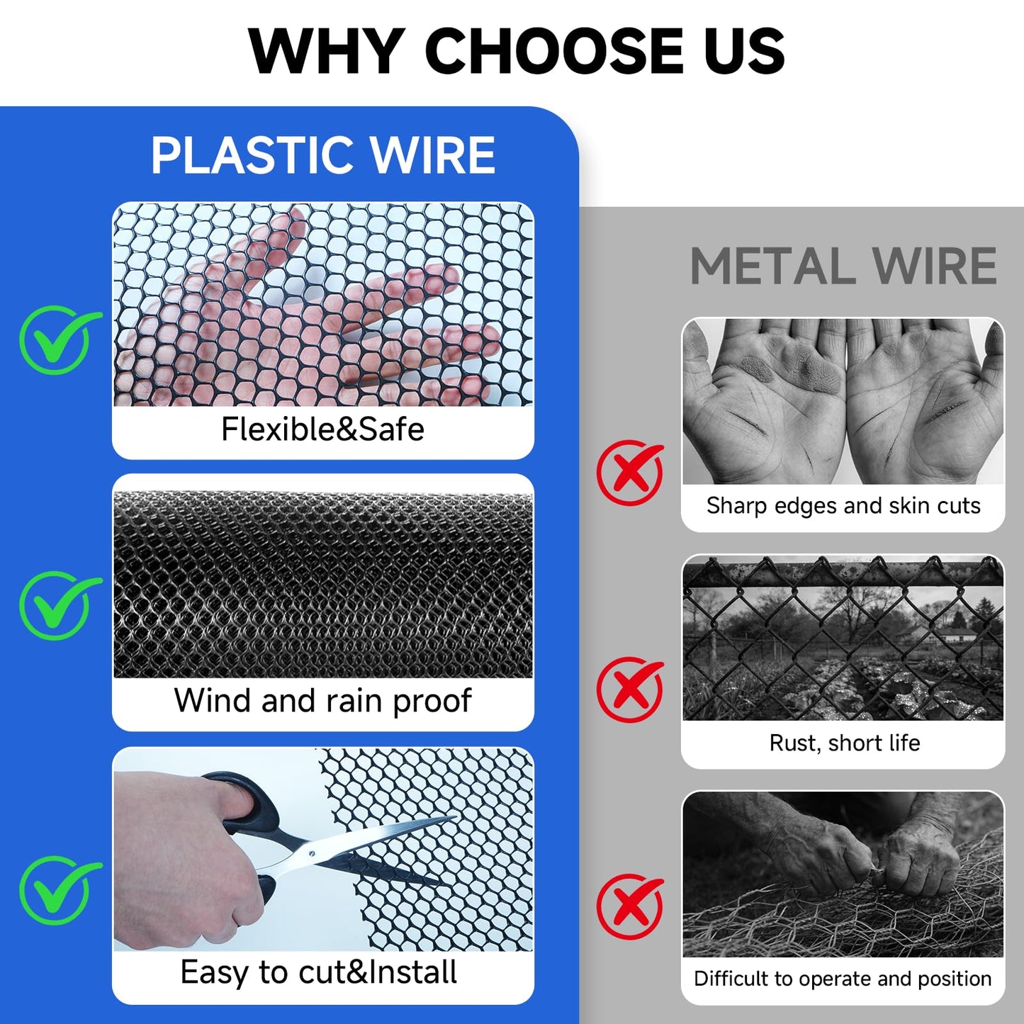 Plastic Chicken Wire Mesh Roll, 16INx50FT Black Chicken Wire Fencing Poultry Netting Garden Fence for Chicken Coop, Cat Balcony Protection Pet Barrier Plant Protectors from Animals Temporary Fencing