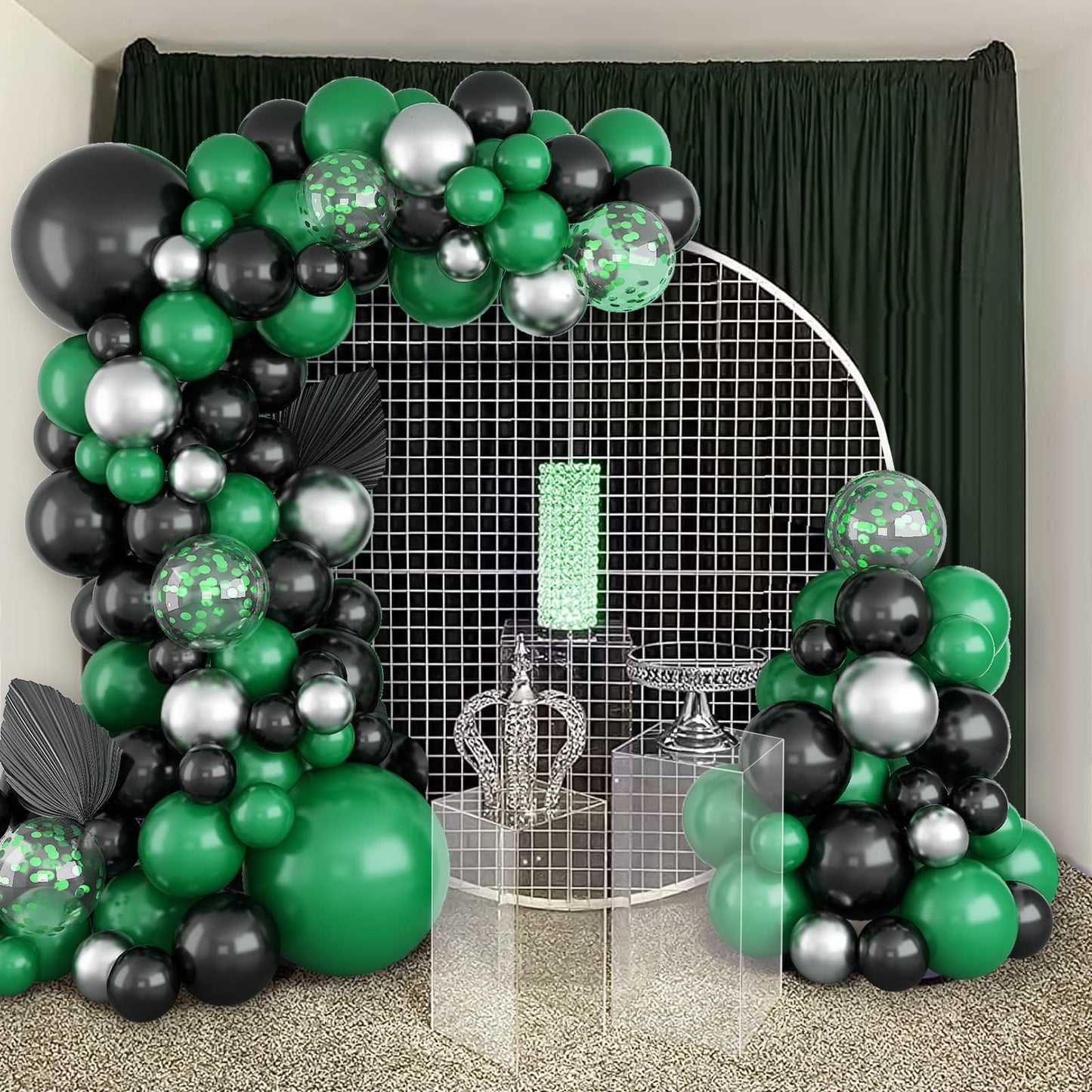 Black Green Balloon Garland,BTZO Balloons Arch Kit With Metallic Silver Confetti Balloon,Black and Green Balloons for Birthday Wedding Bridal Shower Graduations Party Decorations