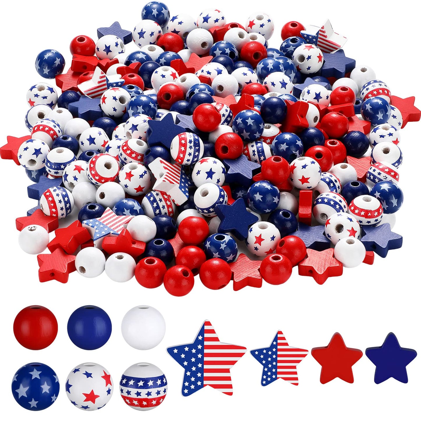 Bencailor 248 Pcs 4th of July Wood Beads Patriotic Wooden Bead for Craft Red White Blue America Flag Stars Charm for 250th Anniversary Memorial Independence Day Decor DIY Garland Bracelet Necklaces