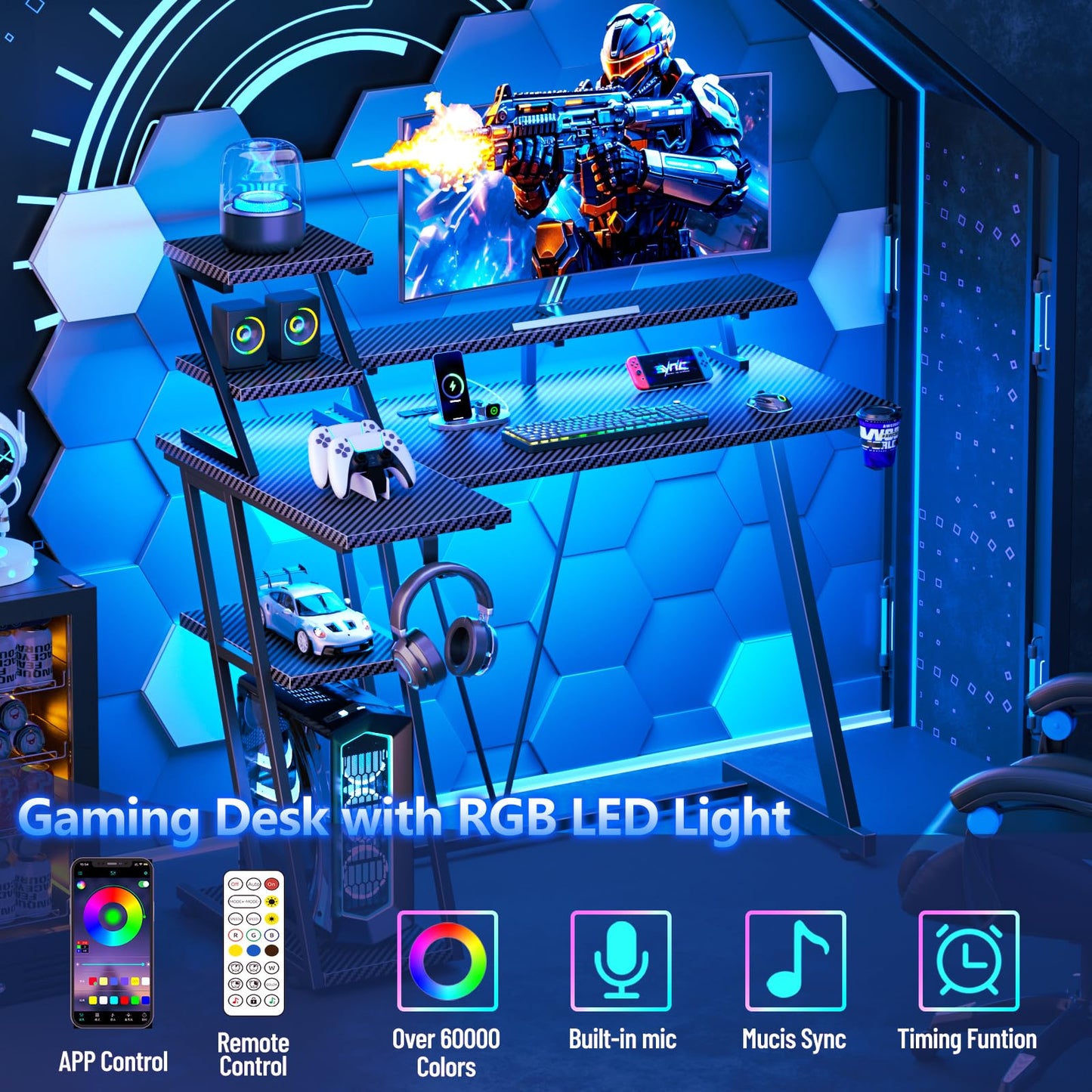 Korfile 39 Inch Gaming Desk with LED Lights & Power Outlet, Small Gaming Computer Desk with Storage Shelves, L Shaped Gamer Workstations with Monitor Stand for Bedroom, Carbon Fiber Black