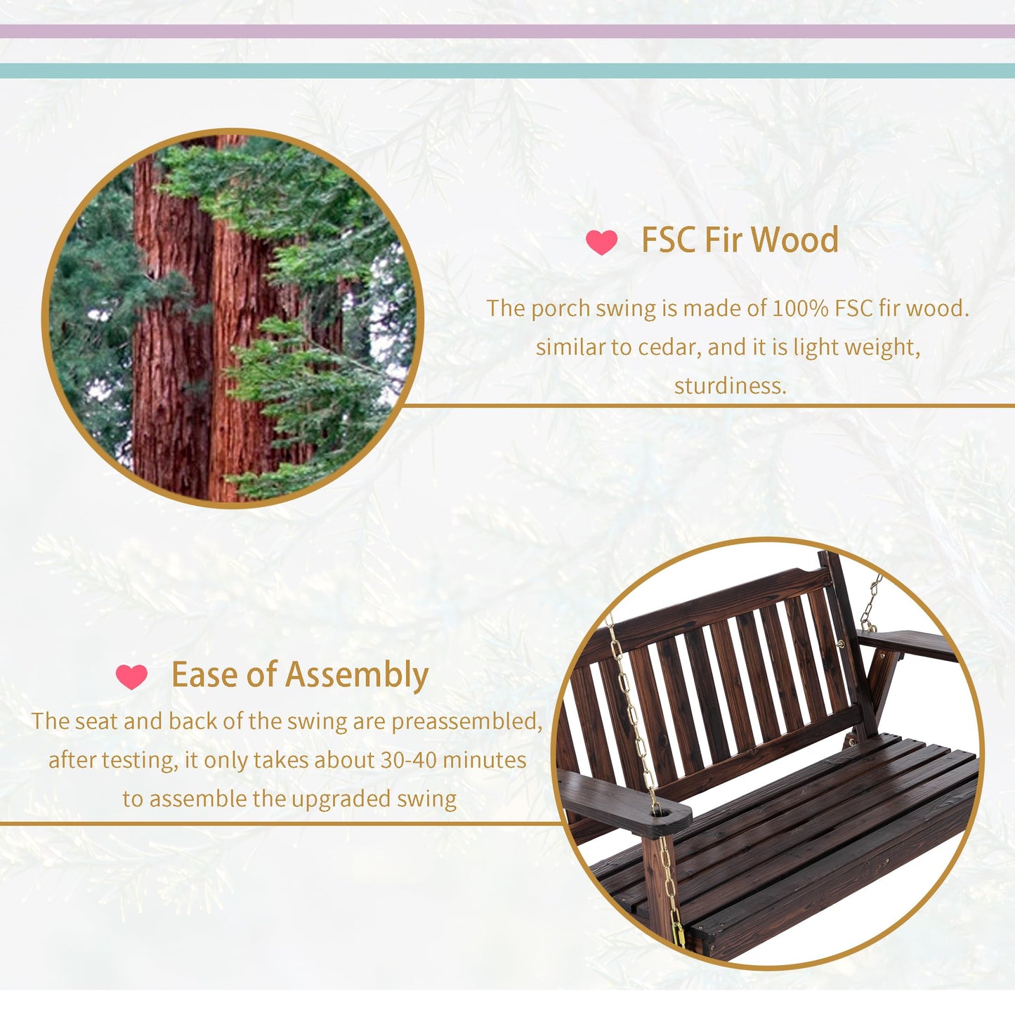 Anraja Wooden Porch Swing 2-Seater Bench Swing with Hanging Chains Heavy Duty 800 LBS for Outdoor Patio Garden Yard, Large 4 Ft, Dark Brown