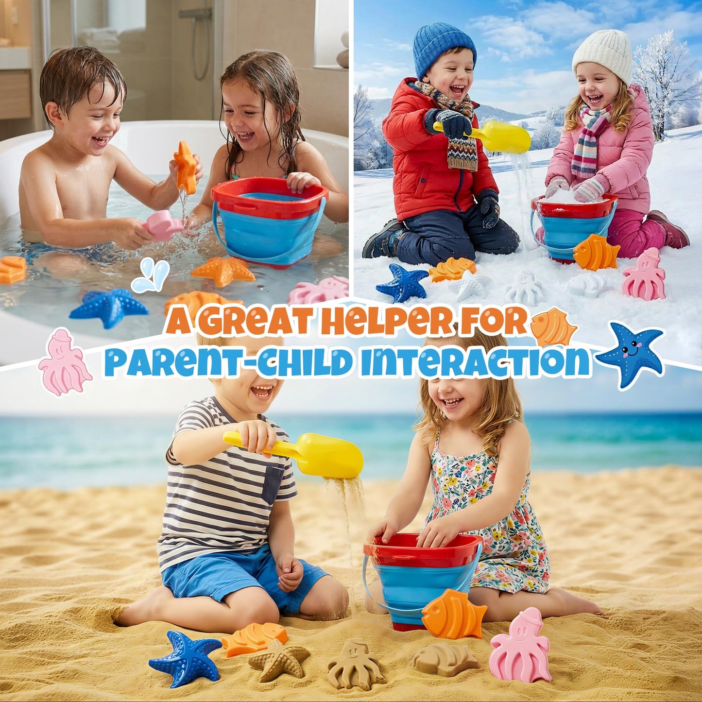 Cozycharm Beach Sand Toys Set for Toddlers, Portable Travel Beach Toys with Collapsible Bucket, Shovel, Rake, 3 Molds & Mesh Storage Bag for Kids, Summer Gift