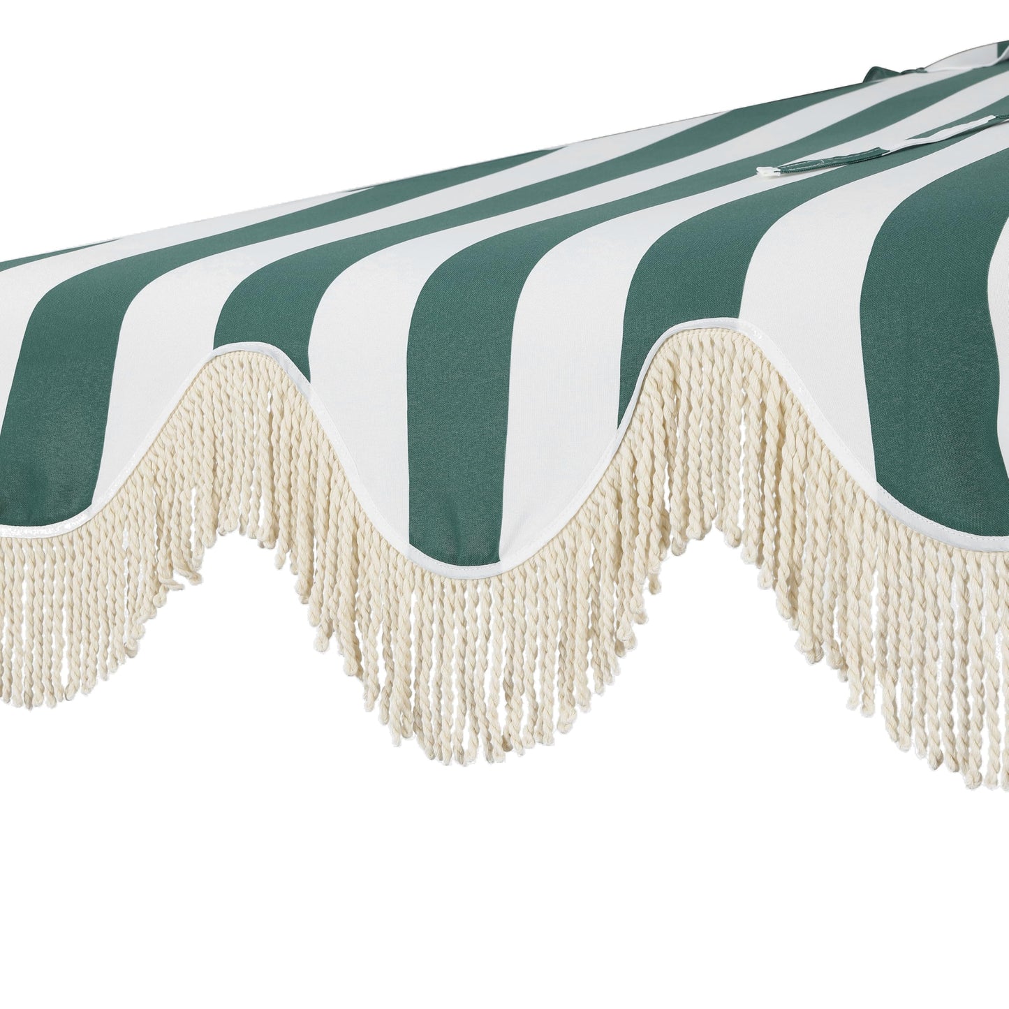 JONATHAN Y Half Umbrella UMB1201L Beverly 9 ft. Designer Classic Scalloped Fringe Market Patio with Crank, Tilt Button and UV Protection in Green/White, White Pole