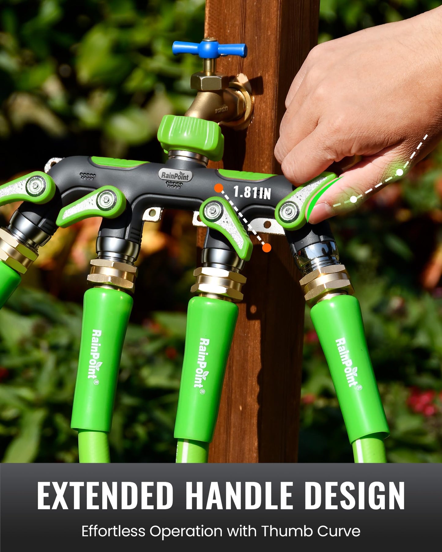 RAINPOINT 4 Way Garden Hose Splitter, 100% Metal Heavy Duty Water Hose Splitter with Individual Shut-Off Valves, 3/4" GHT High Flow Outdoor Faucet Splitter, 1.81" Extra Long Handle (Green)
