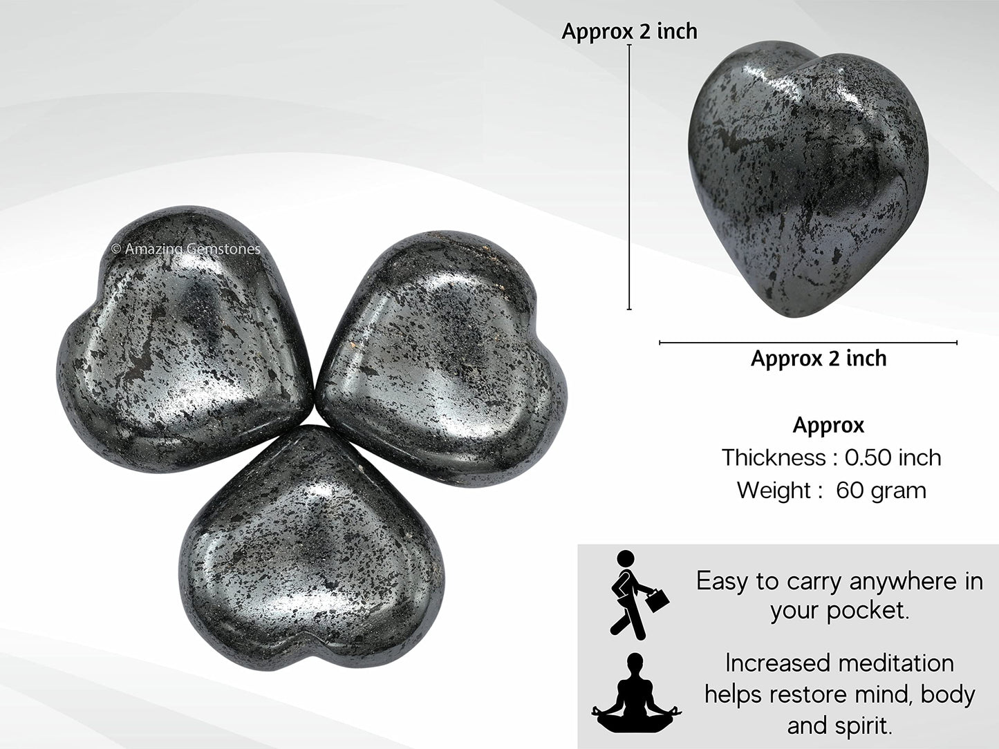 Amazing Gemstone Hematite Crystal Heart Palm Stone - Pocket Massage Worry Stone for Natural Body Chakra Balancing, Reiki Healing and Crystal Grid