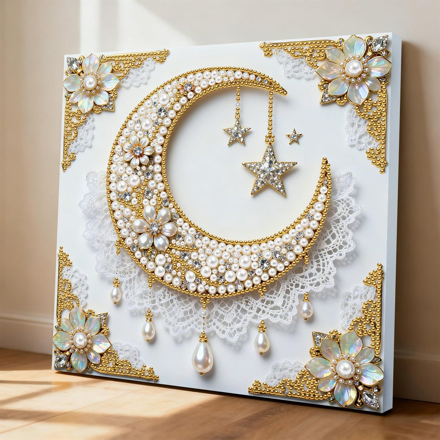 yzARTche Diamond Art Pearl Painting Kit, DIY Pearl Art Painting with White Frame, Handmade Gem Dot Picture Craft for Home Wall Decor Present Set-04-Moon