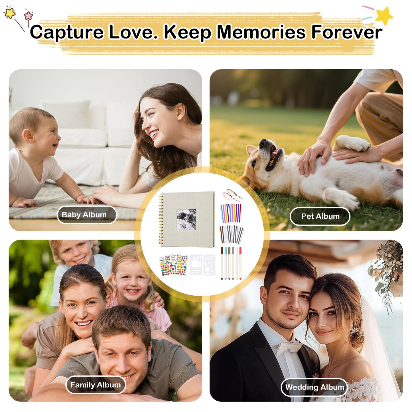 Cvochtty Scrapbook Album 40 Pages with DIY Kits, Craft Paper Photo Album, Cream-White Linen Cover Scrapbooking for 2x3 3x5 4x6 5x7 Pictures, Memory Book for Wedding Baby Family Birthday