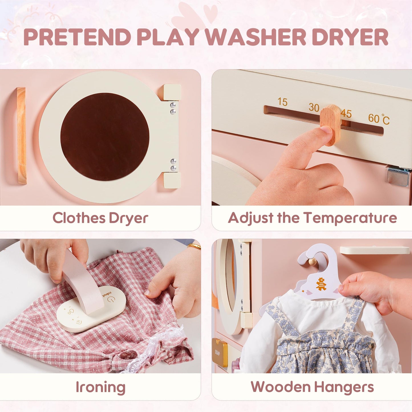 ROBOTIME Kids Washer and Dryer Playset – Wooden Laundry Pretend Play Set with Ironing, Color Beads Drum, Toy Washing Machine & Dryer Set for Toddlers Ages 3+, Gift for Boys and Girls