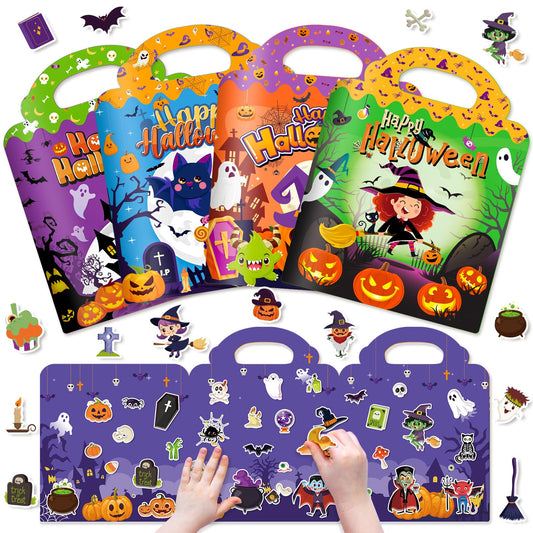 4 Sets Halloween Reusable Sticker Books for Toddlers 1-3, Arts Crafts for Toddler 3-5, Activity Books for Kids 2-4, Toddler Toys Holiday Gifts Travel Toys Boo Basket Stuffers for Girls Boys