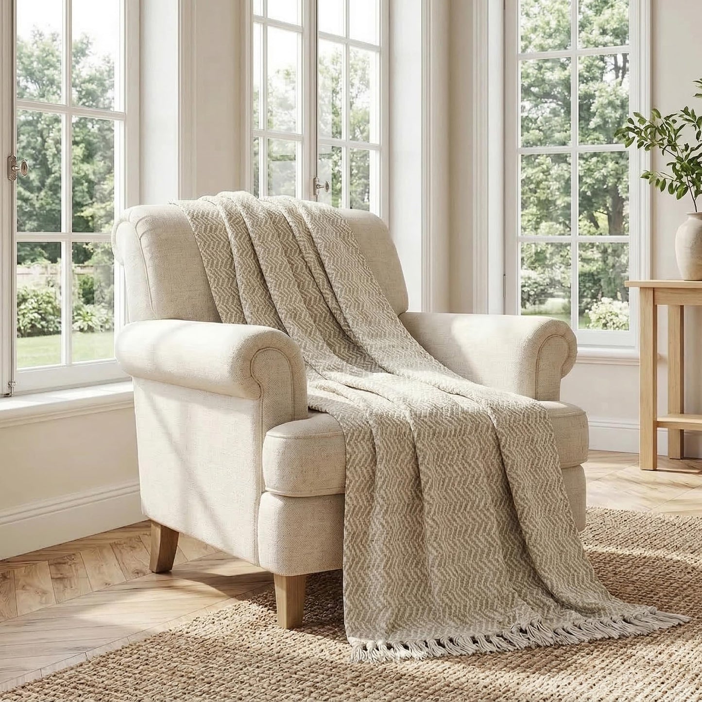 Americanflat 50x60 Throw Blanket - Soft and Breathable Cotton Throw Blanket for Couch, Bed, Chair - Decorative Blankets Perfect for Home, Office, or Outdoor Use - Cream and Beige Zig Zag Design