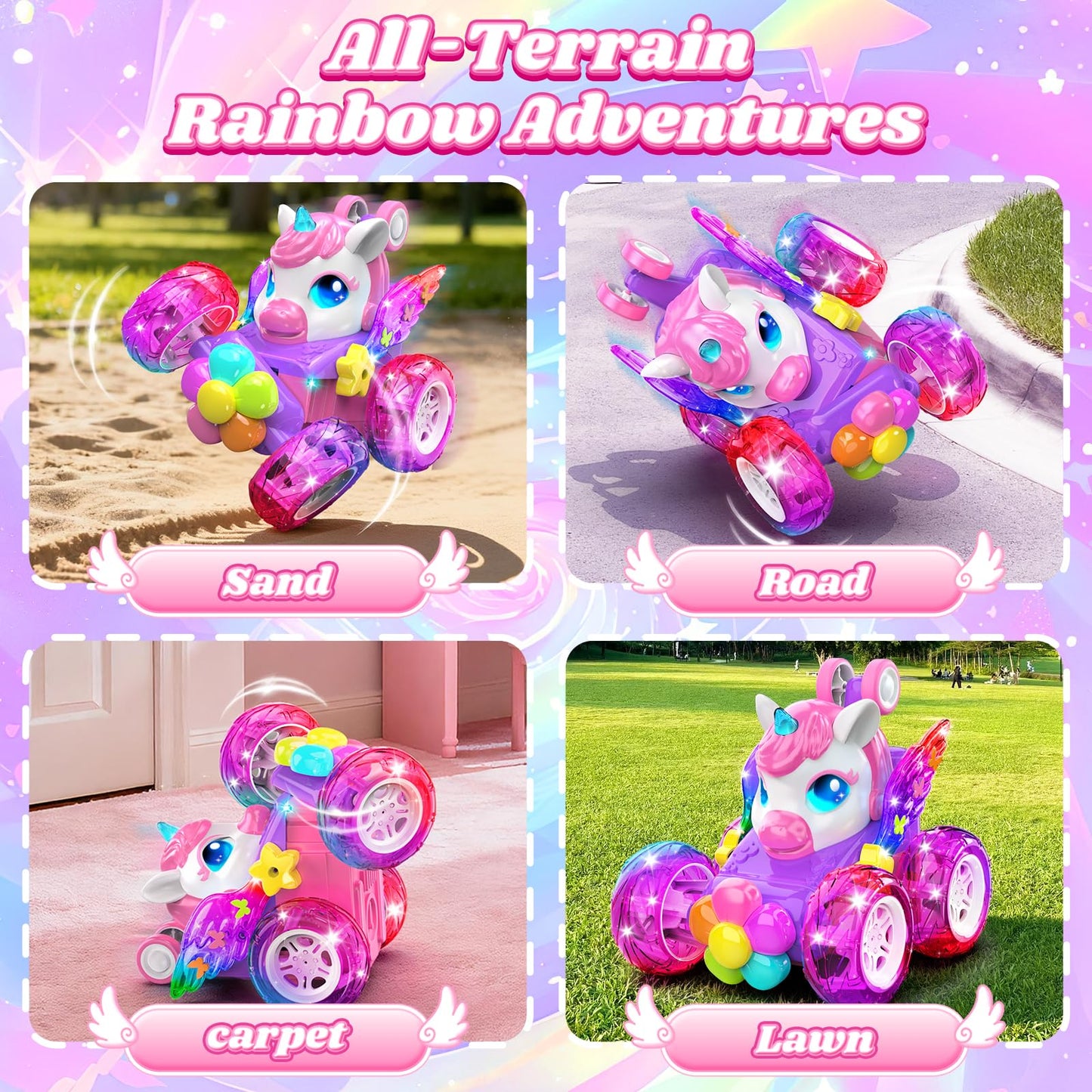 Zmpolir Unicorn RC Cars for Girl Toys with Glowling Crystal Wings & Eyes Lights, 360° Rotation Remote Control Car Pink Unicorn Stunt Car Kids Toys Birthday Gifts for 3 4 5 6 7 8 9 10 Year Old Girls