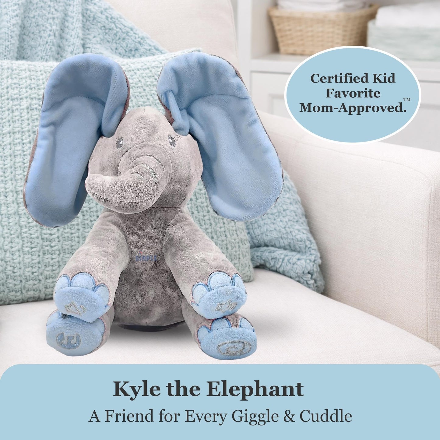 Dimple Kyle Elephant Stuffed Animal Toy - Animated Plush Blue Singing Elephant, Interactive Musical Peek-a-Boo for Babies, Kids, for Toddlers, Ages 0 and Up(Battery Included)