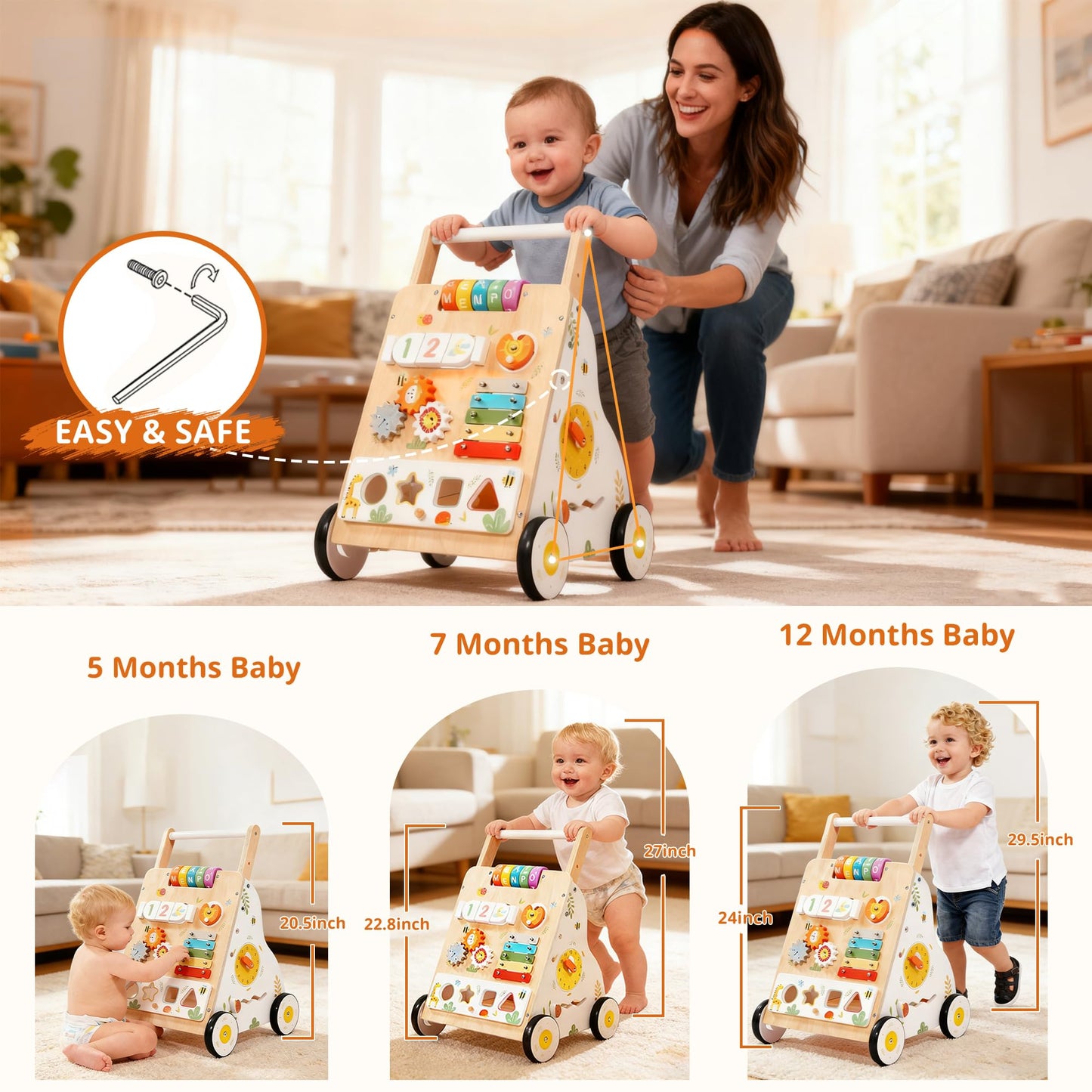 Wooden Baby Walker with Wheels, Baby Push Walker Adjustable Speed for Boys and Girls,Montessori Activity Center Walking Toys for 1 Year Old Learning to Walk,First Birthday Gift