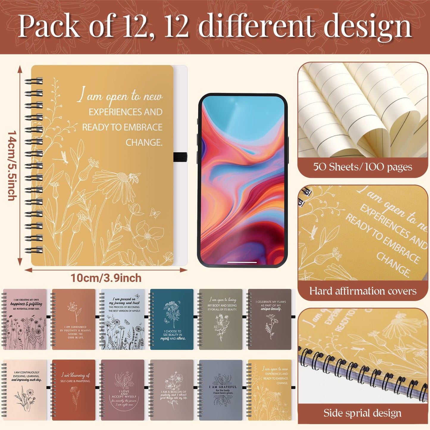 Kosiz 24 Pcs/12 Set Positive Affirmation Gifts Bulk for Women Gratitude Spiral Journals with Pens Motivational Notebooks Mothers Day Gifts for Mom Employee Coworker Teacher Nurse Volunteer (Vibrant)