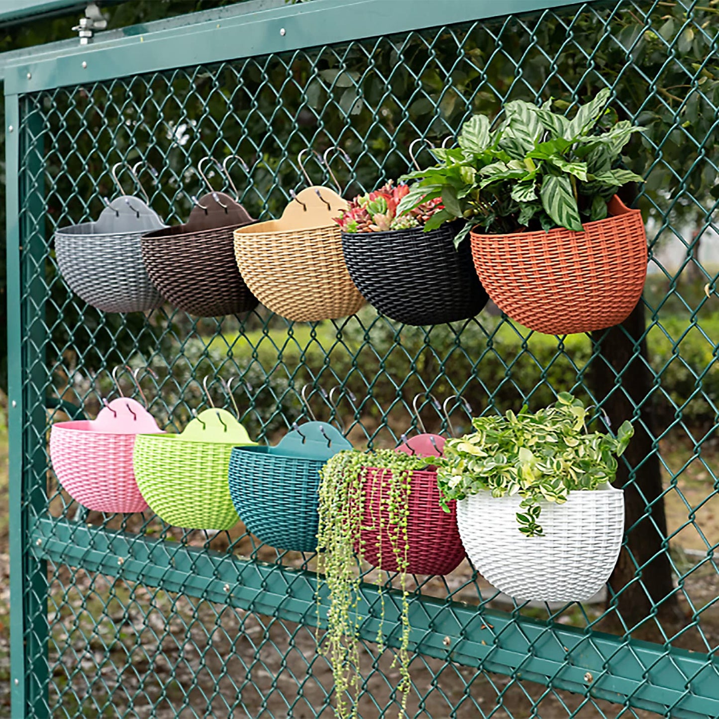 Hanging Planter Pot, Wall and Railing Hanging Planters with S Hooks, Half Round Imitation Rattan European Style Wall Flowerpot Rustic Decorative Flower Basket for Home Balcony(#26*20.5cm Dark green)