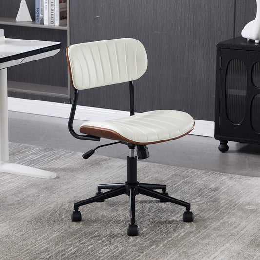 Fashionom Modern Walnut Home Office Chair，Adjustable Height Desk Chair with Wheels，Armless Computer Chair for Office, Reading Meeting Room, White
