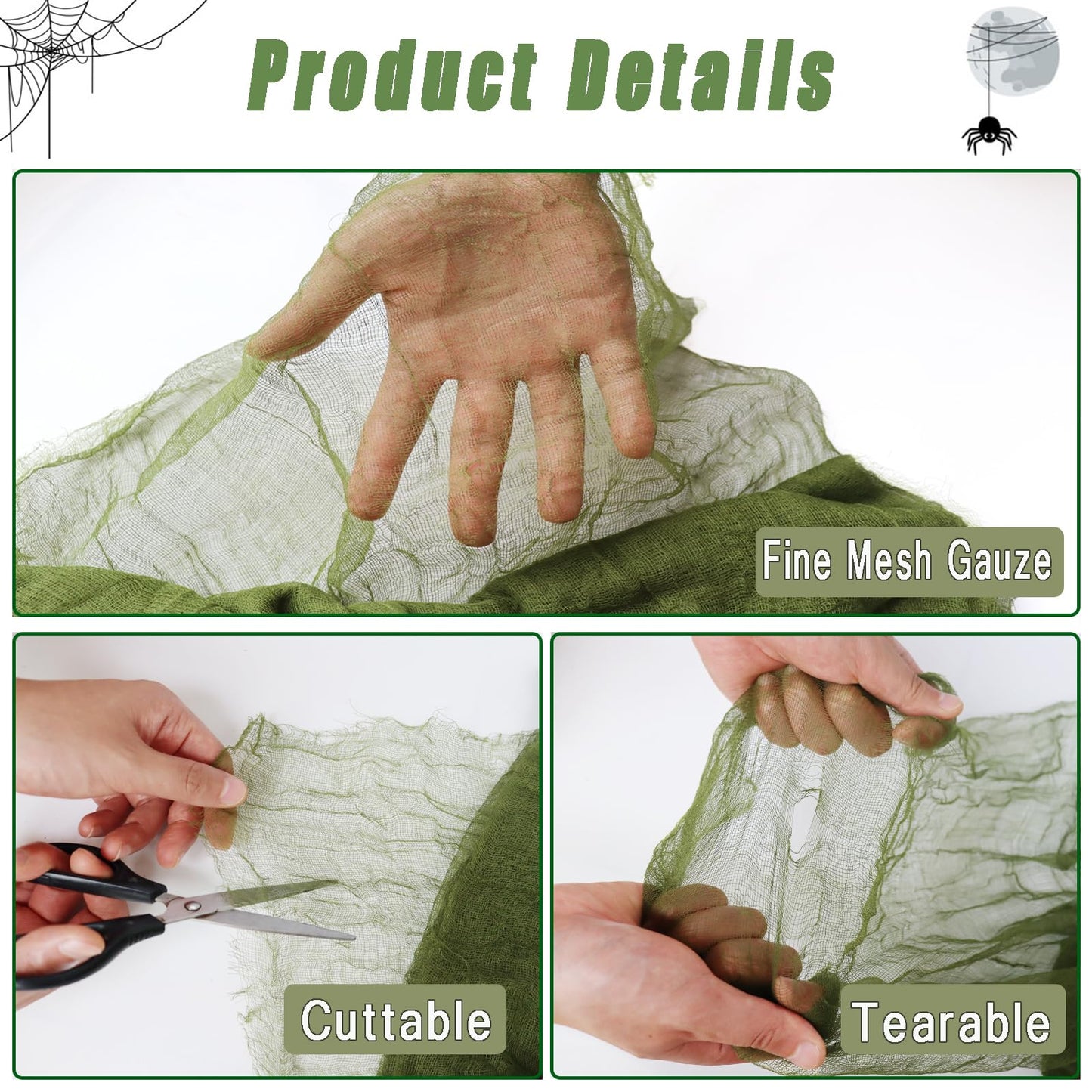 472 x 40 Inch Large Size Green Creepy Cloth Decoration Halloween Spooky Gauze Scary Hanging Fabric Cloth for Home Wall Yard Haunted House Halloween Party Supplies(472 x 40 Inch)