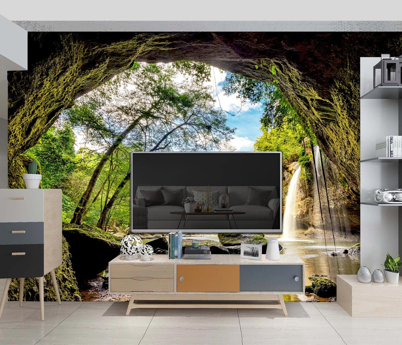 BZHXBZ - Beautiful Nature Wallpaper Forest Landscapes 3D Space cave Scenery Waterfall Bedroom Woodland Decor Living Room tv Background Large wall Mural Office Jungle - 91"x65" Not Peel and Stick