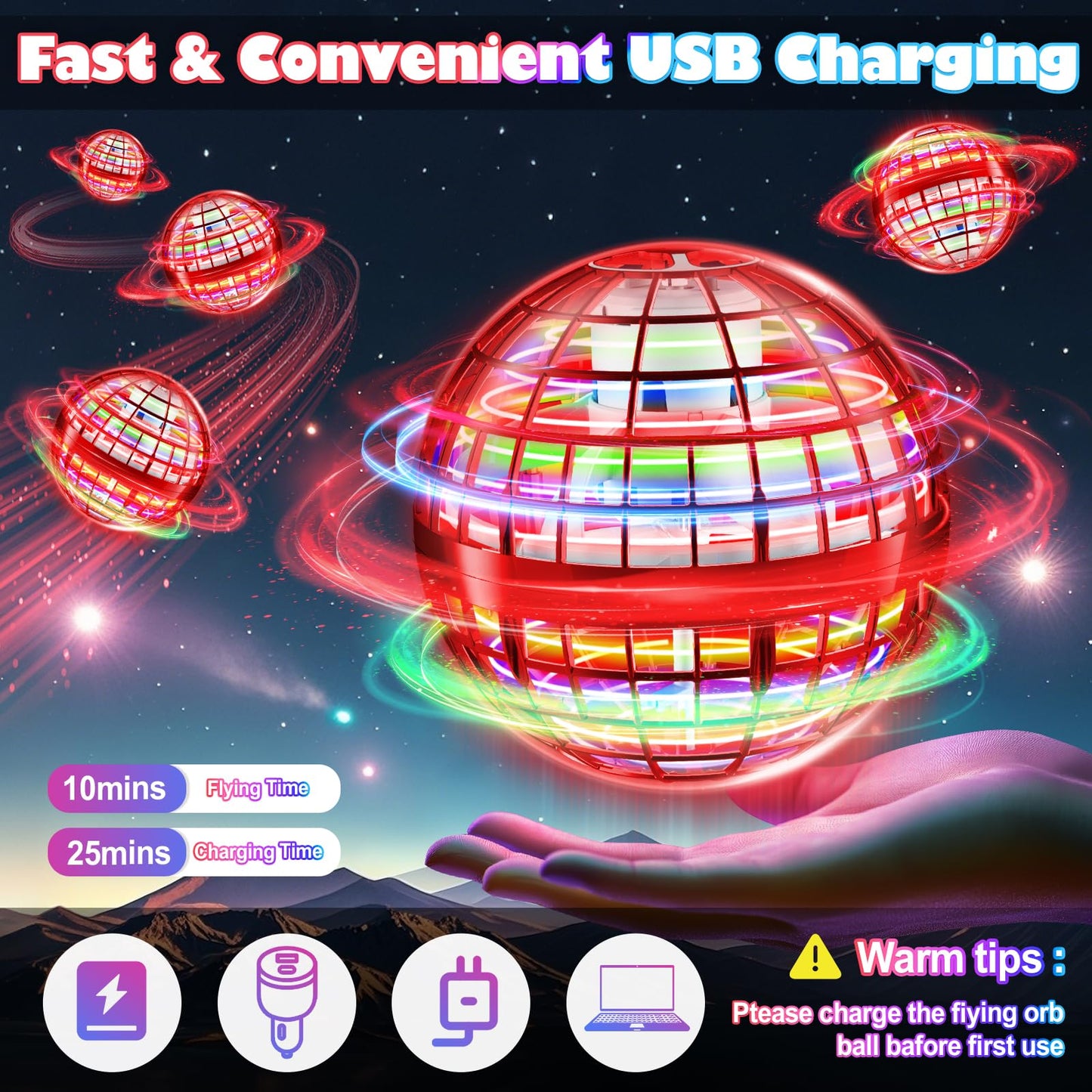 ANOEPUY Flying Orb Ball Toys 2025, Hover Boomerang Spinner Fly Ball Toys for Kids Teen Boys Girls, Soaring Hand Controlled Mini Drone Cosmic Globe Spinning Birthday for 6 7 8 9 10 11 12(Red)