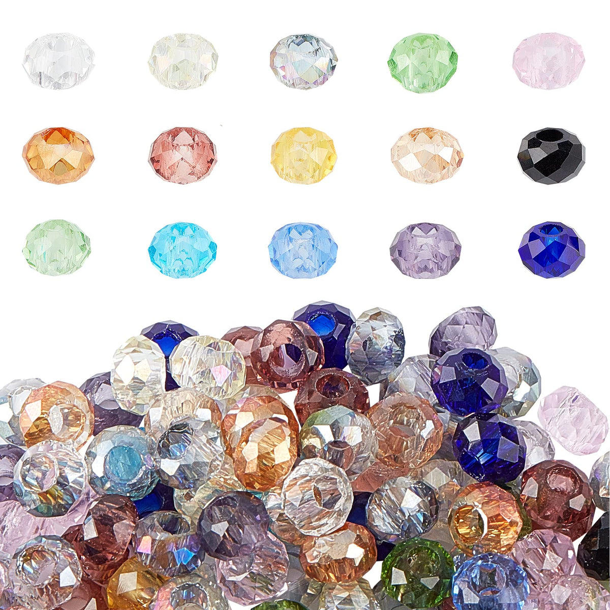 PH PandaHall 100pcs Crystal Glass Beads 8x5mm Faceted Large Hole Beads European Rondelle Spacer Bead for DIY Snake Chain Charm Bracelet Necklace Earring Jewelry Making, Hole: 3mm, Mixed Color