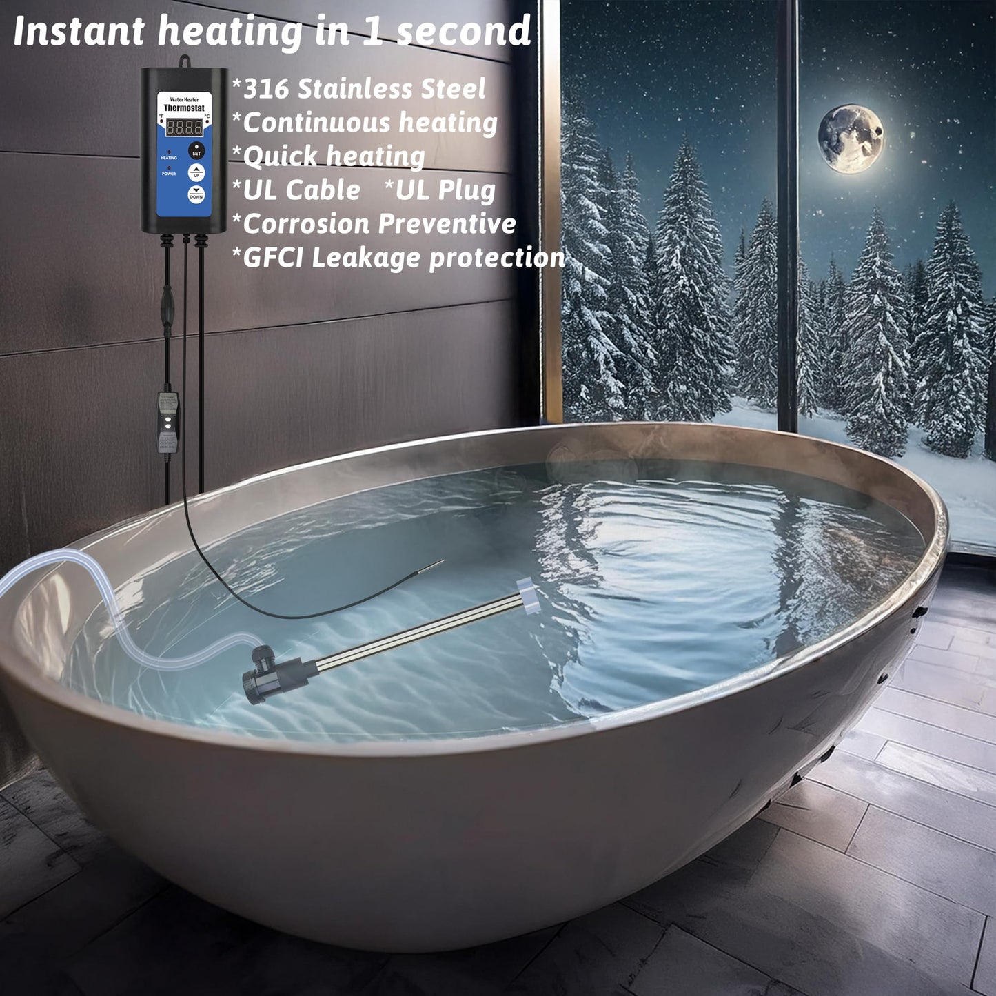 XCLBTFDC 1800W Immersion Water Heater Portable Electric Bathtub & Inflatable Pool Submersible Water Heater with Thermostat, GFCI for Bucket, Swimming Pool, Baptistry, Sap, Above Ground Pool & Hot Tub