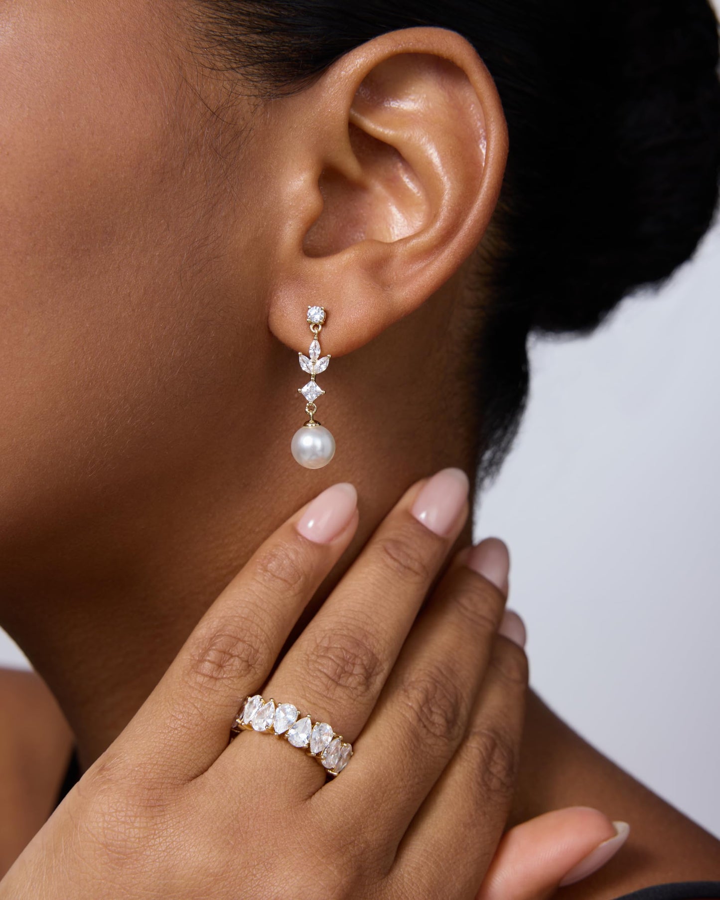 PAVOI Rhodium Plated Pearl Drop Earrings for Women - 925 Sterling Silver Posts Large Dangle Pearl Wedding Earrings for Brides & Bridesmaids - Cubic Zirconia Crystal Linear Bridal Jewelry Gifts