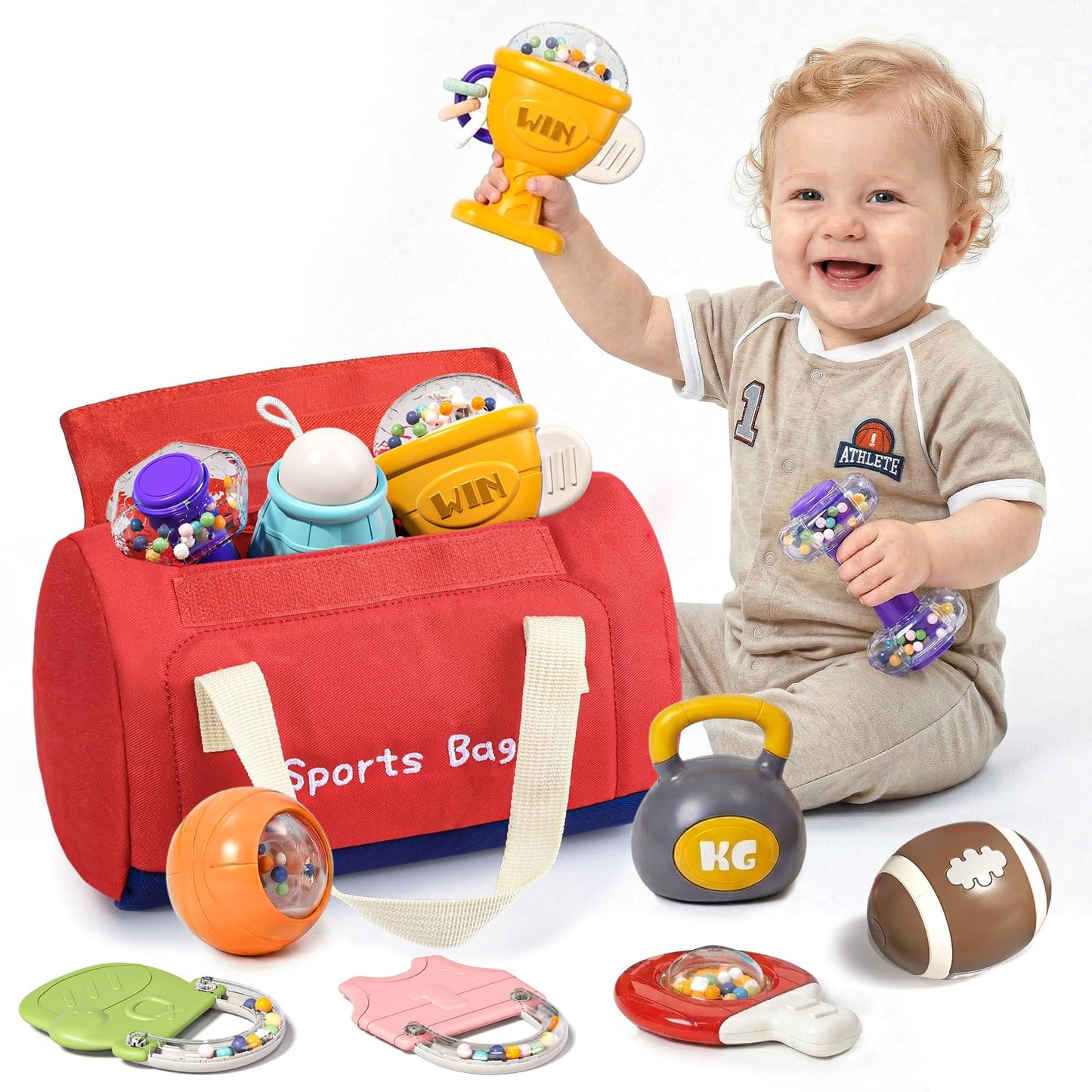 Jovow 11-Piece Sports Baby Rattles & Teether Toys with Soft Gym Bag, Infant Sensory Grasping Shakers, Early Development Set for Newborns 0-6 6-12 Months