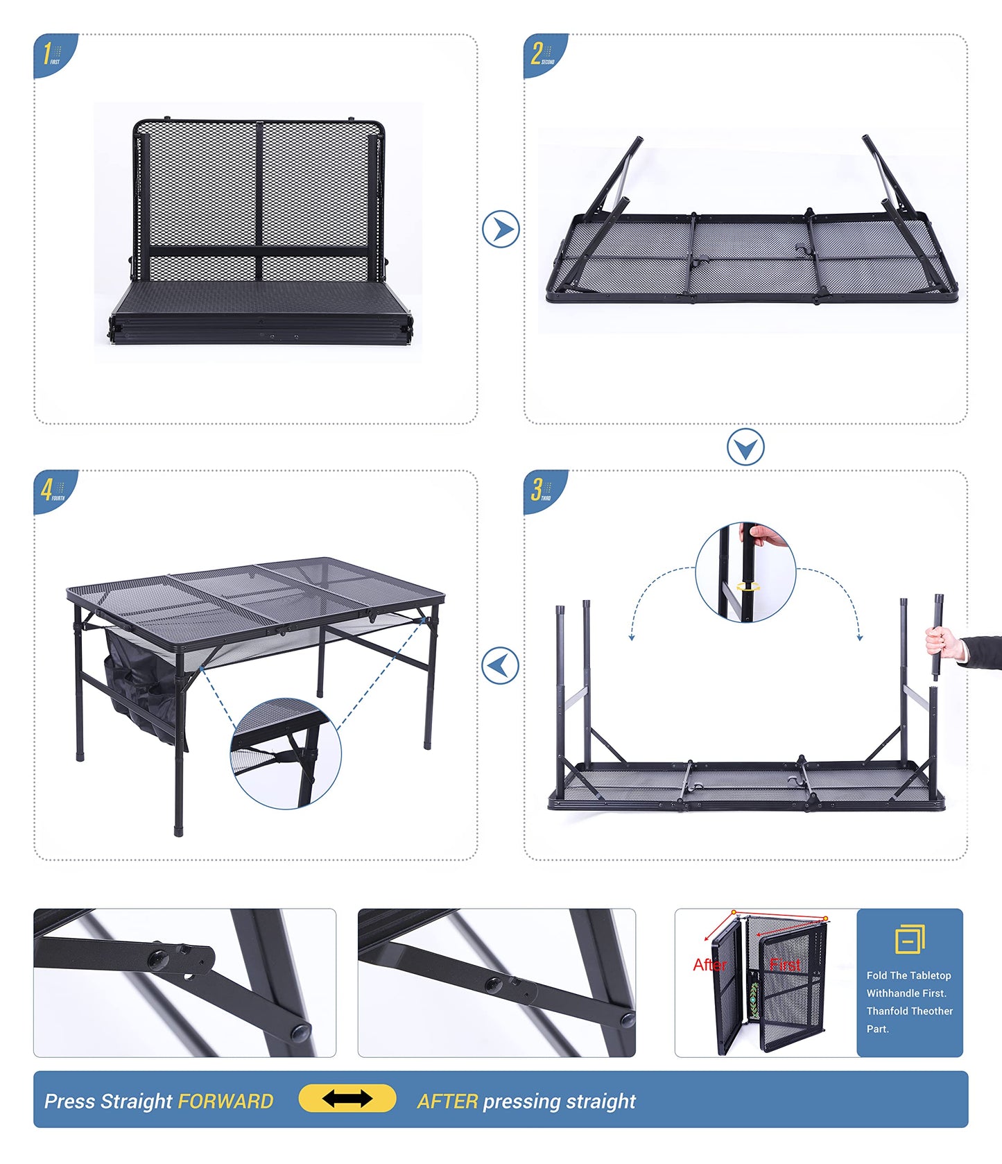 Nice C Table for Grill, Outdoor Table, Camping Cooking Picnic Tables, Card Tables Adjustable Height, Mesh Bag, Carry Handle (47.3” x 23.7“ x 14.7”/24.2“ Black)